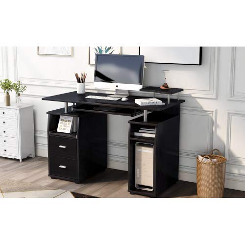 47 Inch Home Office Computer Desk with Hutch, 2 Drawers & Keyboard Tray - Black Study Writing Desk for Students & Professionals, PC Laptop Workstation with Elevated Shelf & Host Stand - Perfect for Small Spaces, Remote Work & Gaming Setup