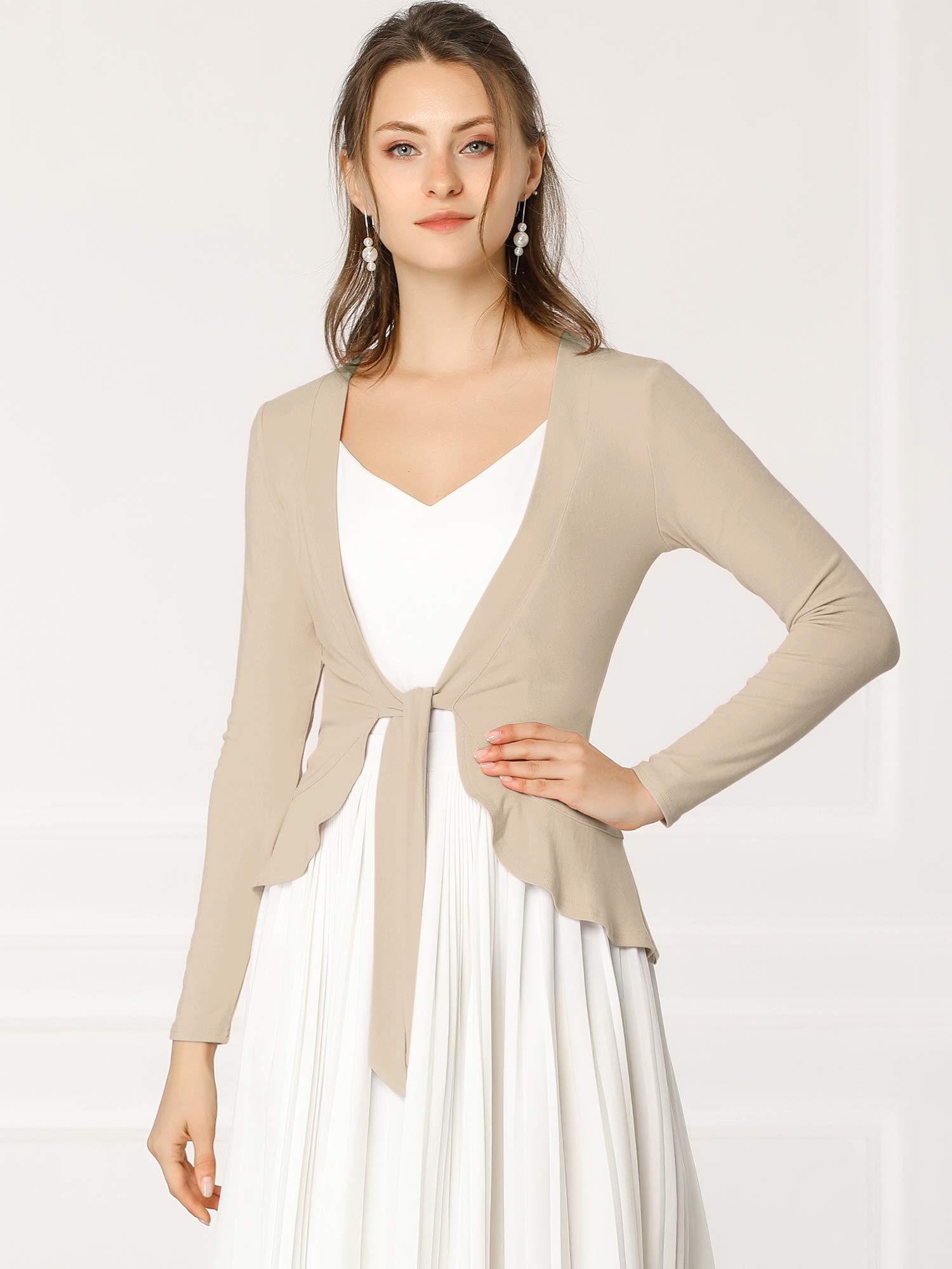 Allegra K Women's Tie Front Cardigan - Elegant Ruffle Draped Knit Sweater for Casual & Dressy Outfits | Perfect for Office, Date Night & Fall Layering