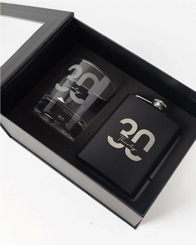 30th Birthday Gift Set - Personalized Engraved Black Hip Flask & Scotch Whiskey Glass - Perfect for Men's Birthday, Anniversary, Bachelor Party & Groomsmen Gifts