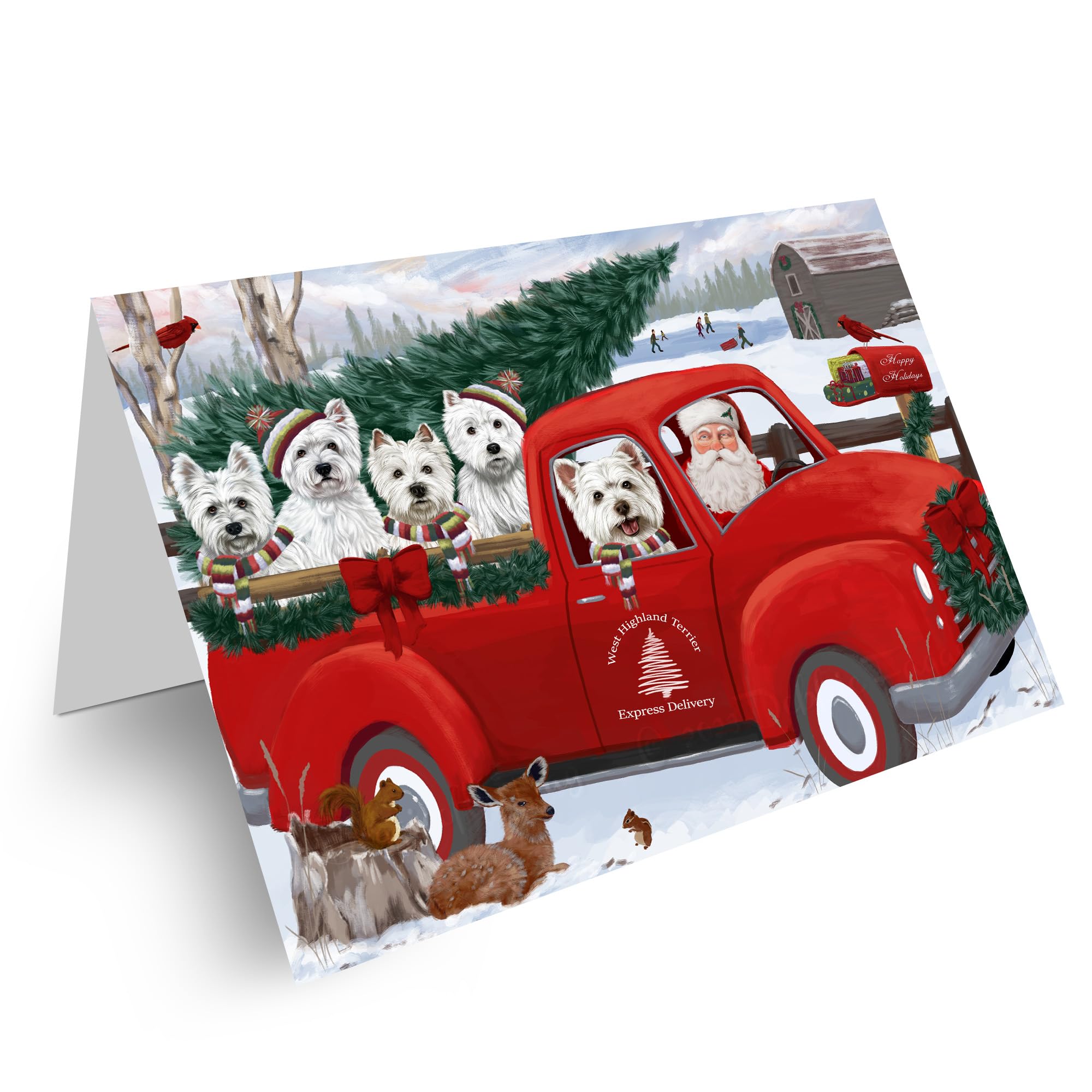 Christmas Santa Express Delivery Red Truck West Highland Terriers Dog Greeting Cards - 10 Pack Adorable Pet Invitation Cards with Envelopes - Festive Pet Artwork Holiday Cards GCD69065 for Christmas Gifts, Party Invitations & Pet Lovers