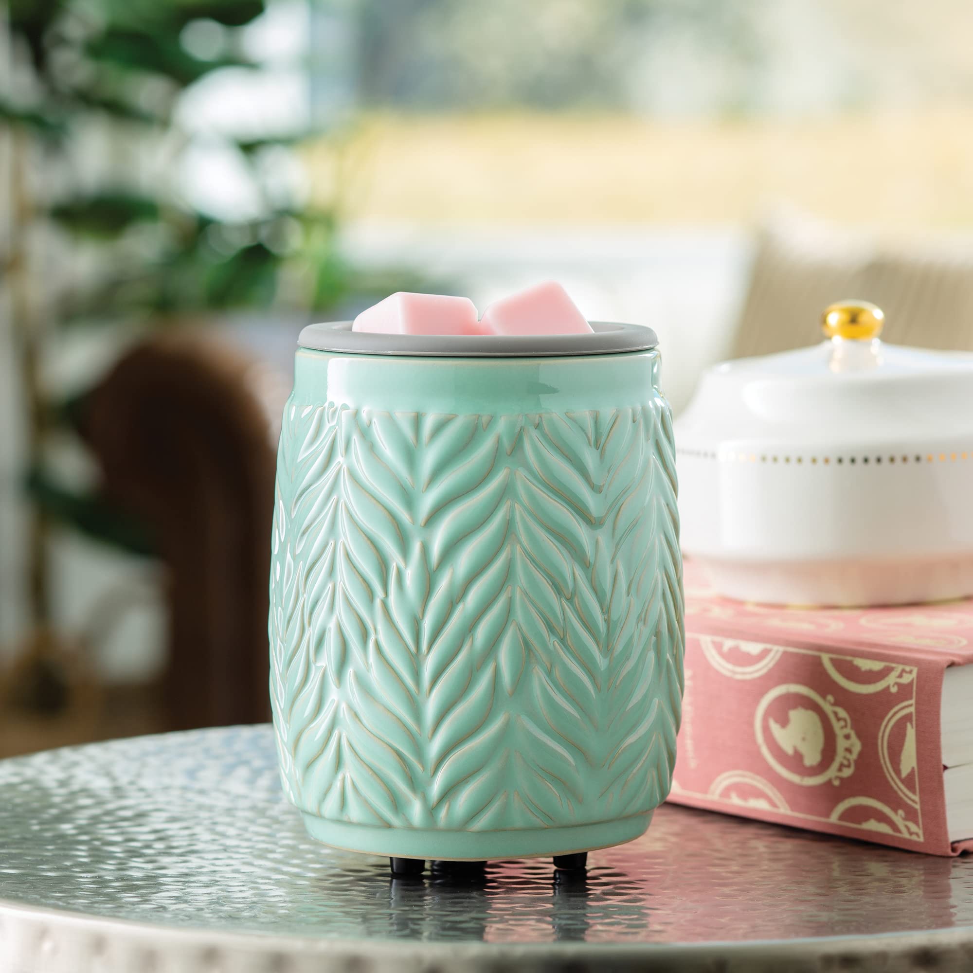Ceramic Wax Melt Warmer with Silicone Dish - Mint Tropical Leaves Design for Scented Wax Melts, Cubes & Tarts | Home Fragrance, Aromatherapy & Relaxation Gift Idea