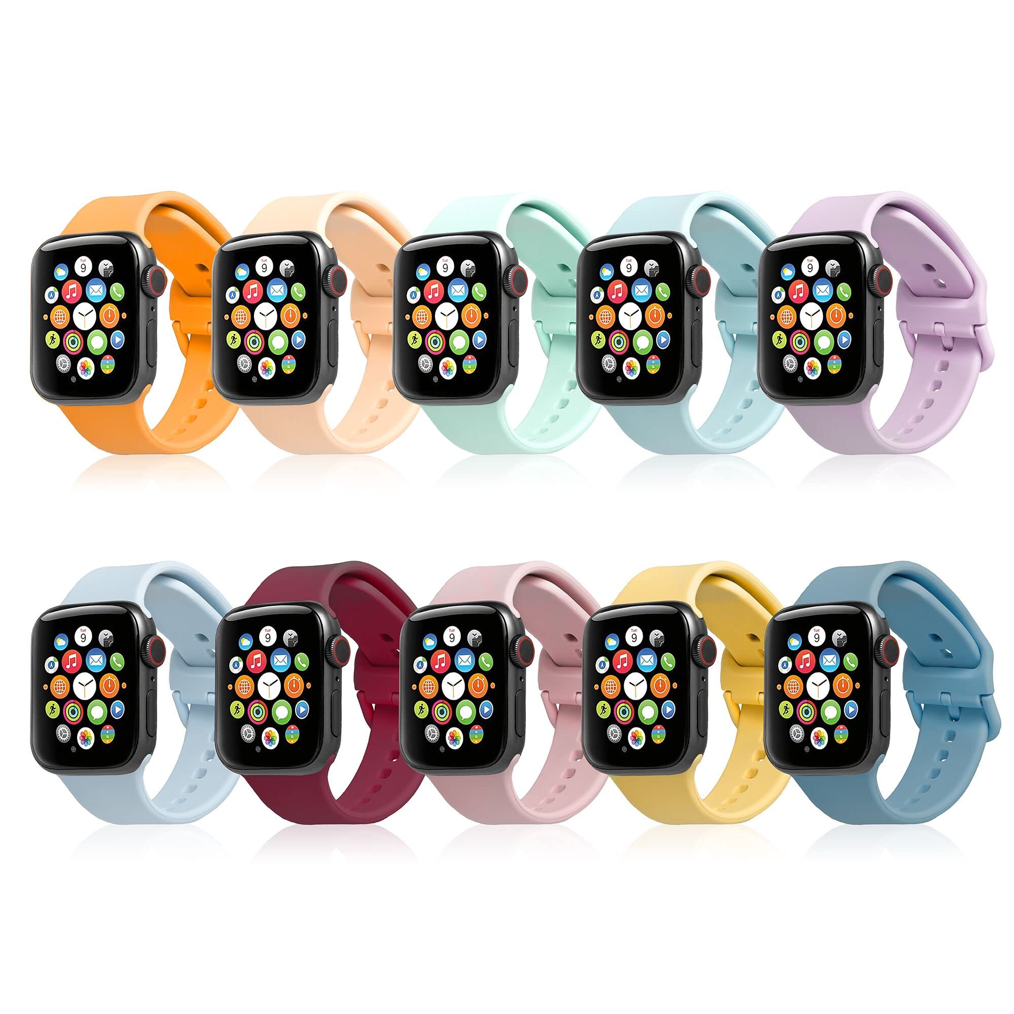 10 Pack Sport Bands for Apple Watch 38/40/41mm & 42/44/45mm - Soft Silicone Replacement Strap with Adjustable Buckle for iWatch Series SE/7/6/5/4/3/2/1 - Comfortable Wristband for Men & Women - Perfect for Workouts, Running & Everyday Wear