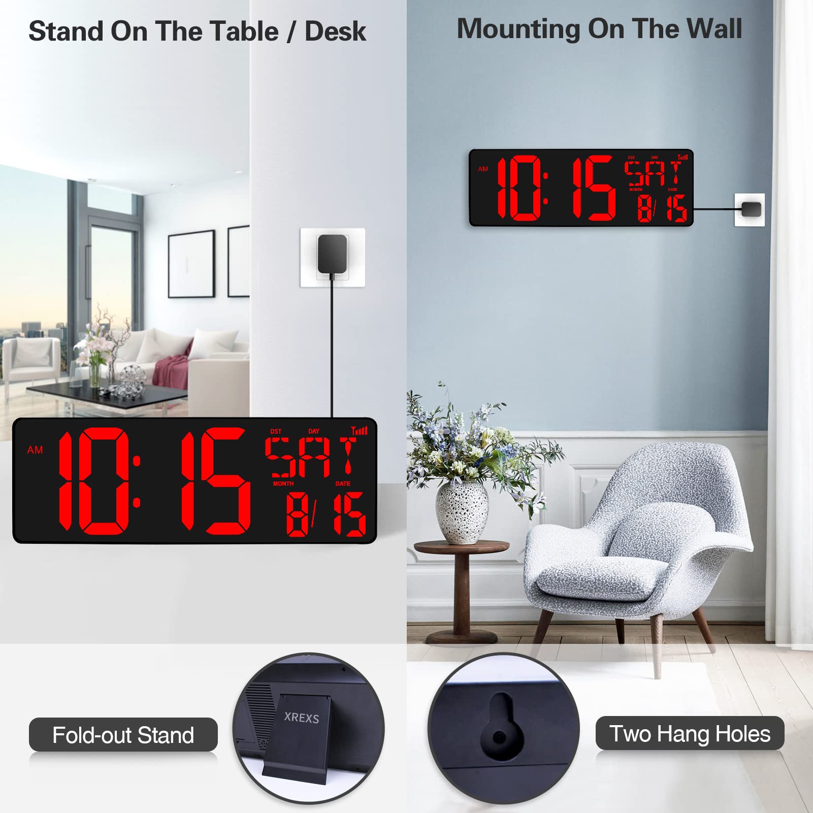 XREXS 16.5 Inch Large Digital Wall Clock with WiFi Sync - Big LED Display Shows Time, Temperature, Date & Week - Remote Control Alarm Clock with Auto-Dimming for Home, Office, Classroom and Bedroom