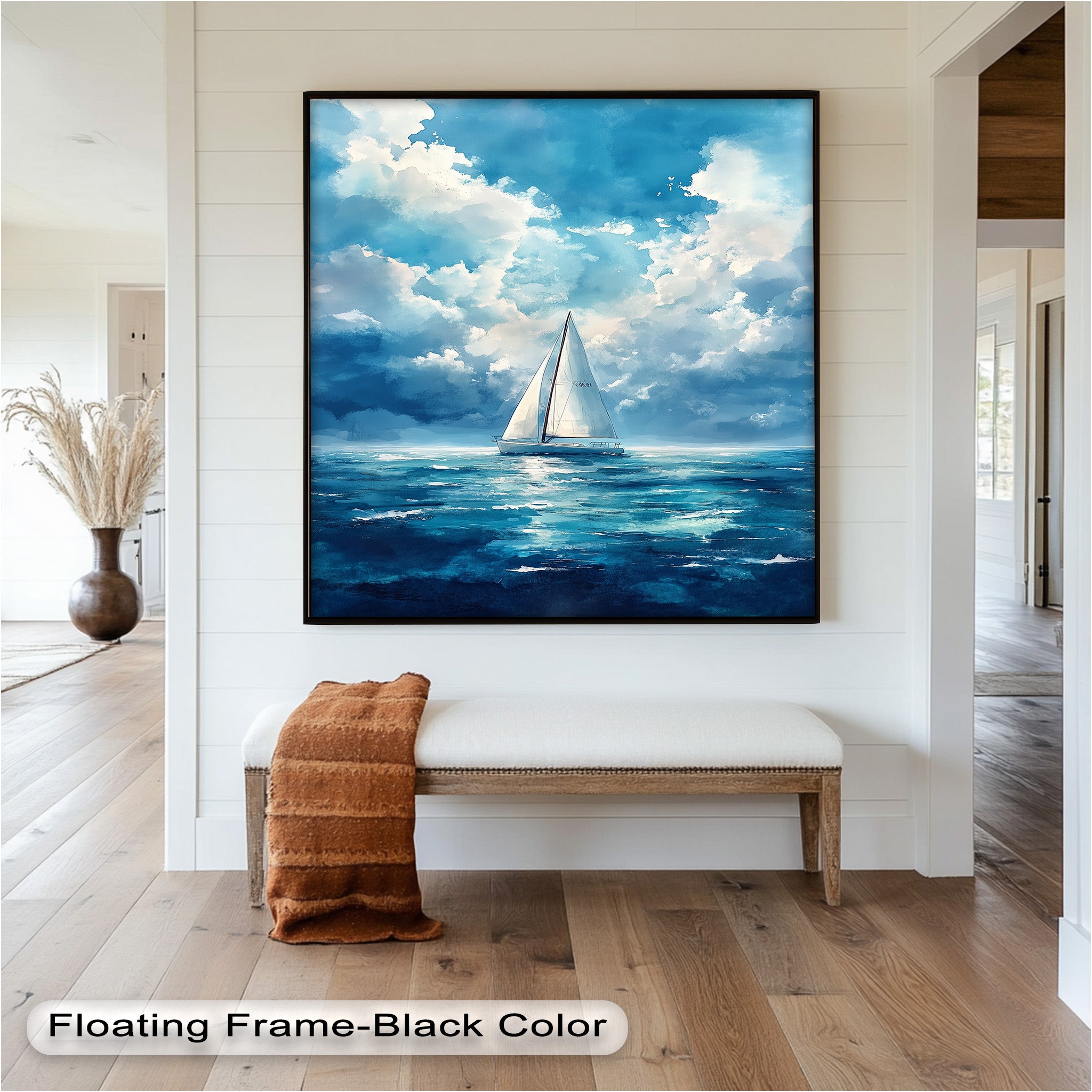 Blue Sky White Sailboat Oil Painting - Handmade Nautical Wall Art for Living Room, Bedroom & Office Decor