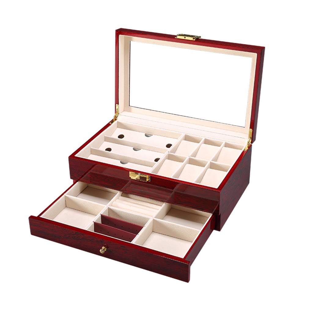 6-Slot Watch Box with 2-Tier Jewelry Organizer - Luxury Watch Storage Case with Removable Cushions, Accessories Tray & Metal Buckle - Perfect for Watch Collectors, Travel & Gift Giving (Red)