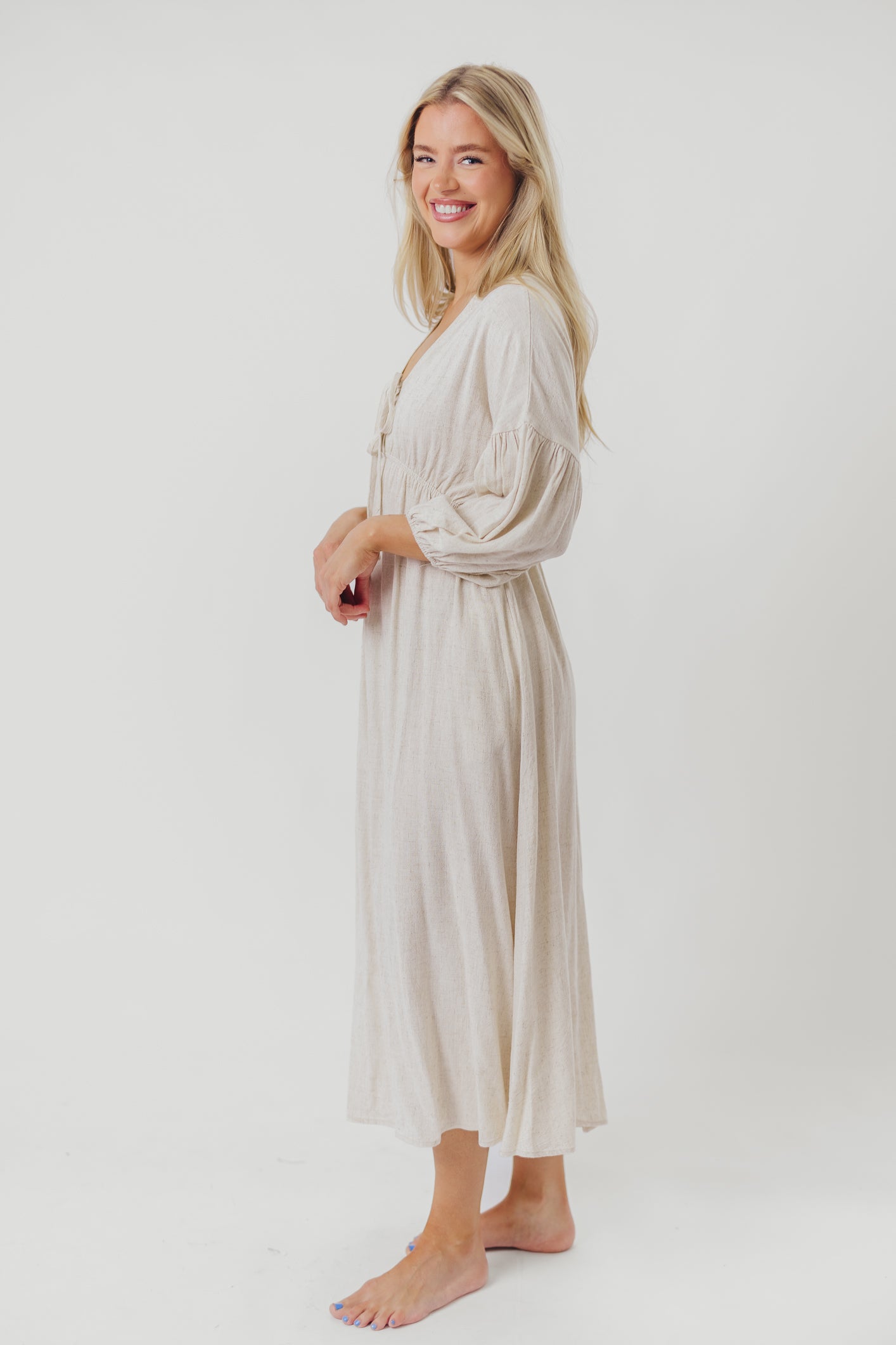 Hunter Linen Blend Midi Dress in Greige - Bump Friendly Maternity Dress with Inclusive Sizing | Perfect for Pregnancy, Nursing, and Everyday Comfort Wear