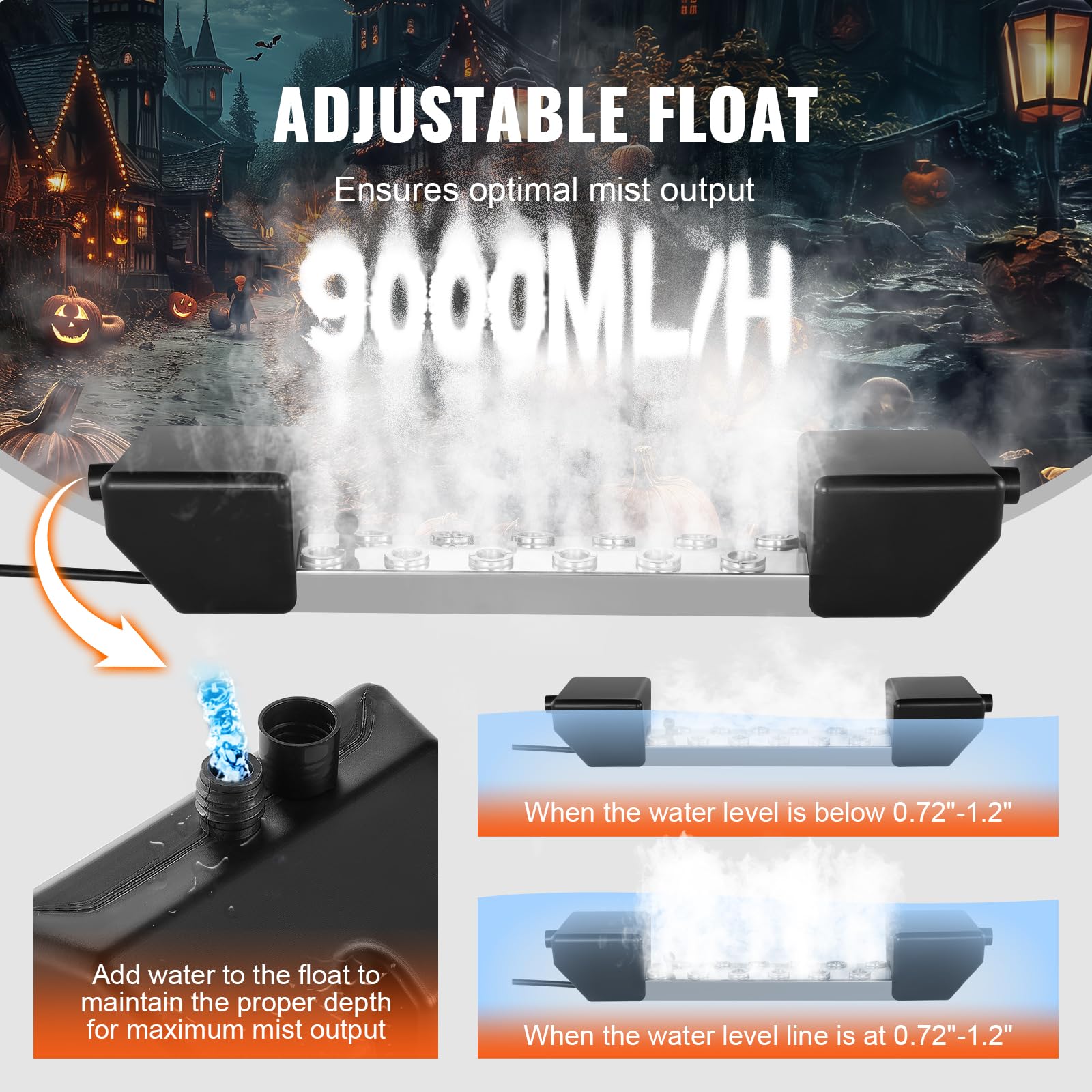 VEVOR 12-Head Ultrasonic Mist Maker Fogger - 9000mL/H High Output with 300W IP67 Waterproof Power Supply, Floating Buoy & Replacement Discs - Perfect for Ponds, Gardens, Rockeries, Greenhouses & Halloween Decorations - Create Magical Ambiance for Parties, Weddings & Home Relaxation