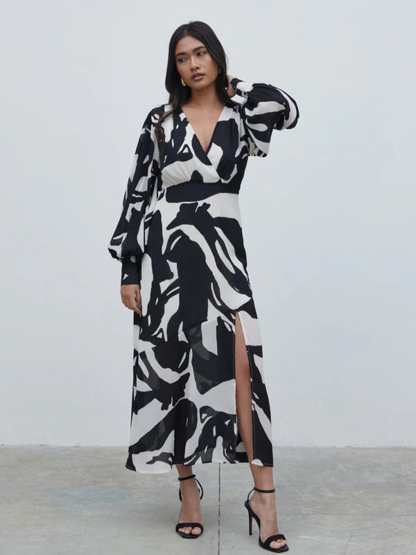 Lilianna Balloon Sleeve Midaxi Dress - Monochrome Abstract Print Flowy Women's Dress for Wedding, Party & Special Occasions