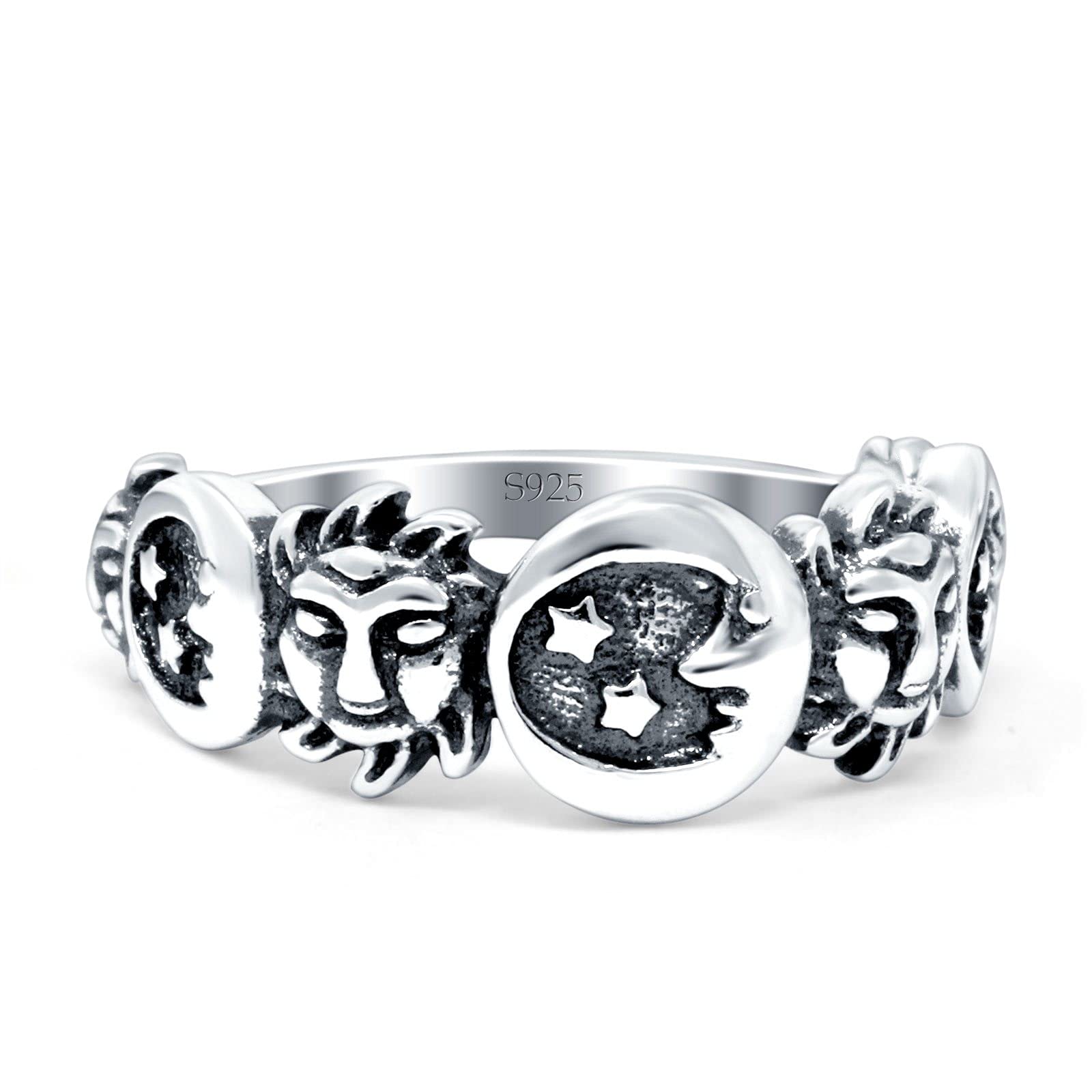 Blue Apple Co. Moon and Sun Ring Band - 925 Sterling Silver Oxidized Round (8mm) for Women - Boho Jewelry for Everyday Wear, Gift for Her, Wedding, Anniversary & Special Occasions