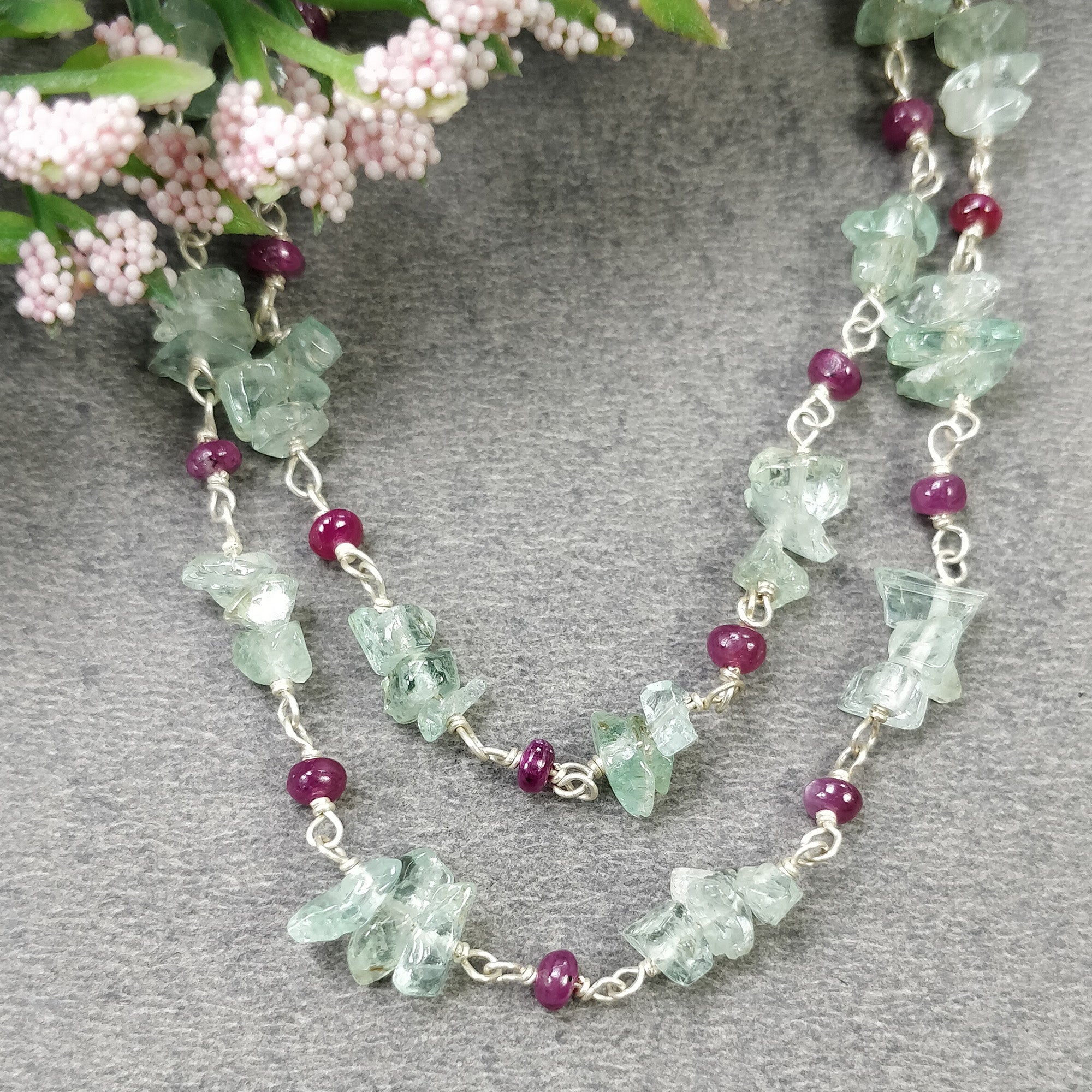Natural Raw Uncut Emerald & Ruby Gemstone Beads 925 Sterling Silver Chain Necklace - 16 Inch Statement Jewelry Gift for Women, Perfect for Weddings, Parties & Special Occasions