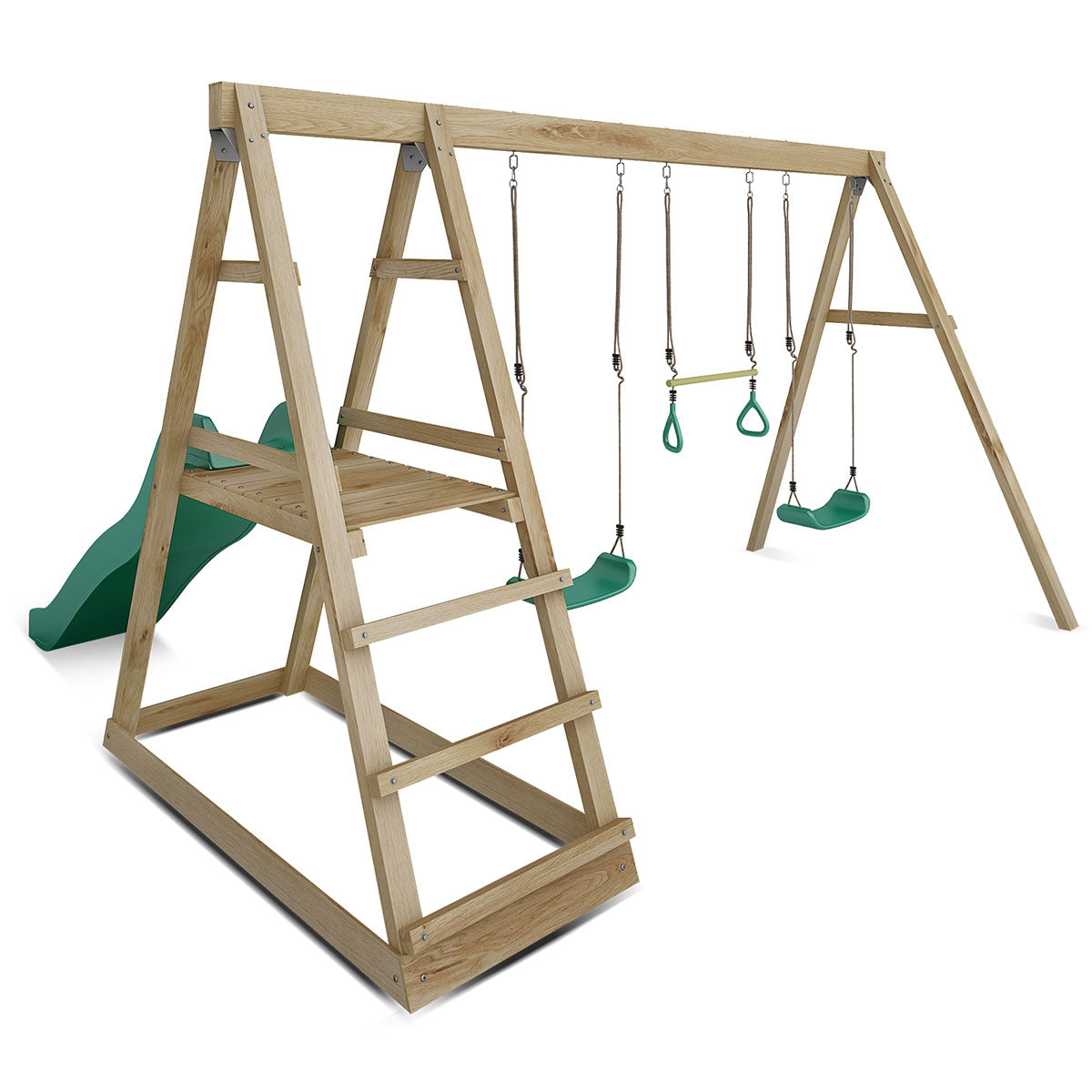 Premium Winston 4-Station Wooden Swing Set with Green Slide - Backyard Playset for Kids Outdoor Fun & Playground Activities