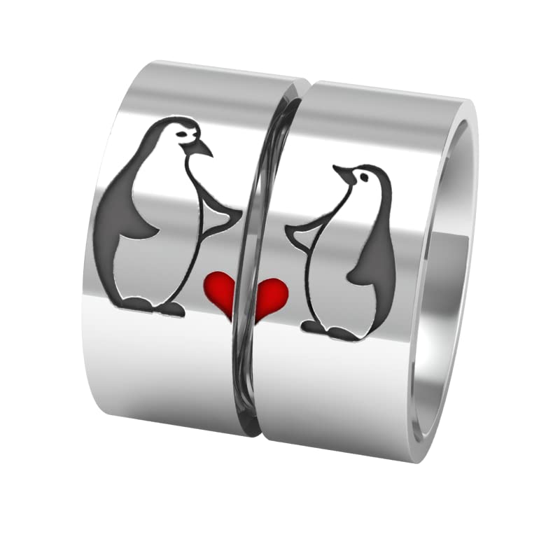 Silver Penguin Couple Rings Set - Matching Love Penguin Band Rings for Him & Her - Perfect for Anniversaries, Valentine's Day & Romantic Gifts