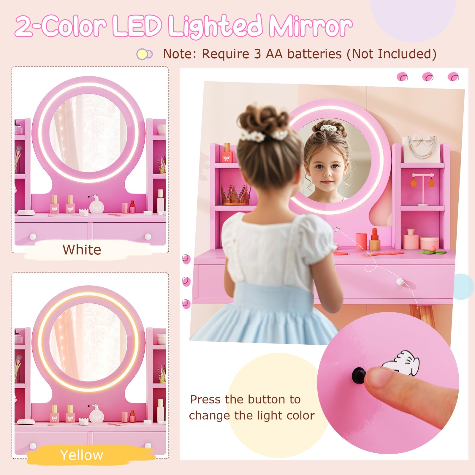 Costzon Pink Wooden Kids Vanity Set with Mirror, Stool, Lights & Storage - Toddler Makeup Dressing Table for Pretend Play, Birthday Gifts for Girls - Perfect for Bedroom Decor & Role Play Activities