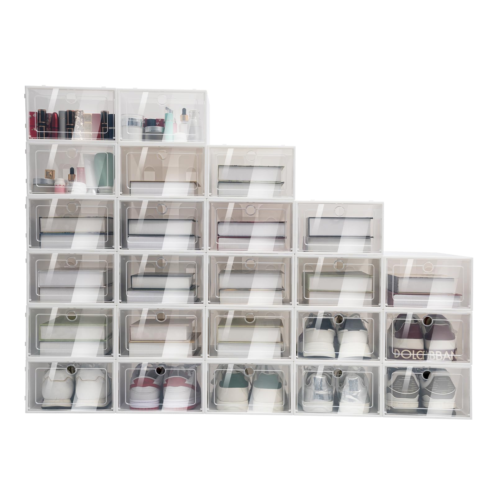 DYRABREST 24 Pack Clear Plastic Shoe Storage Boxes - Stackable Shoe Organizer for Closet, Foldable Shoe Rack with Round Holes - Perfect for Sneakers, Boots & Heels Storage - Ideal for Bedroom, Closet & Entryway Organization
