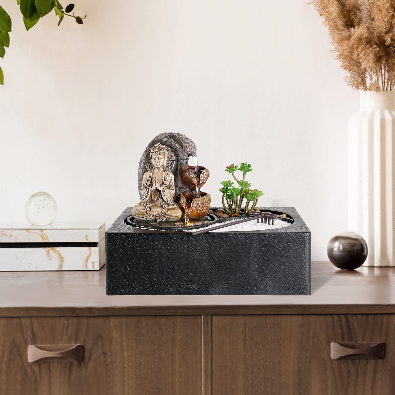 Dyna-Living Indoor Tabletop Water Fountain with Zen Garden, LED Warm Light & Buddha Statue - Relaxing Home Decor for Living Room, Office, Meditation Space