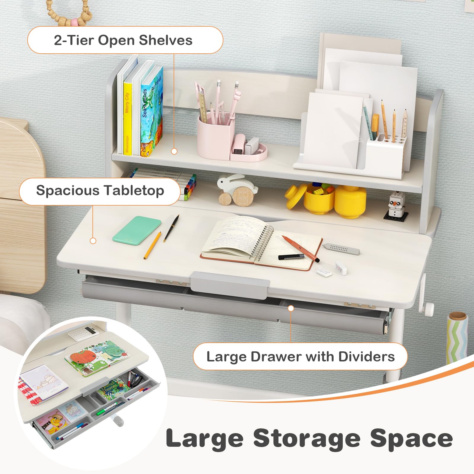 Costzon Adjustable Height Kids Desk with Tiltable Desktop, Storage Drawer & Hutch - Ergonomic Study Desk with Scale Ruler for Boys & Girls - Perfect for Homework, Drawing & Bedroom Organization (Grey)