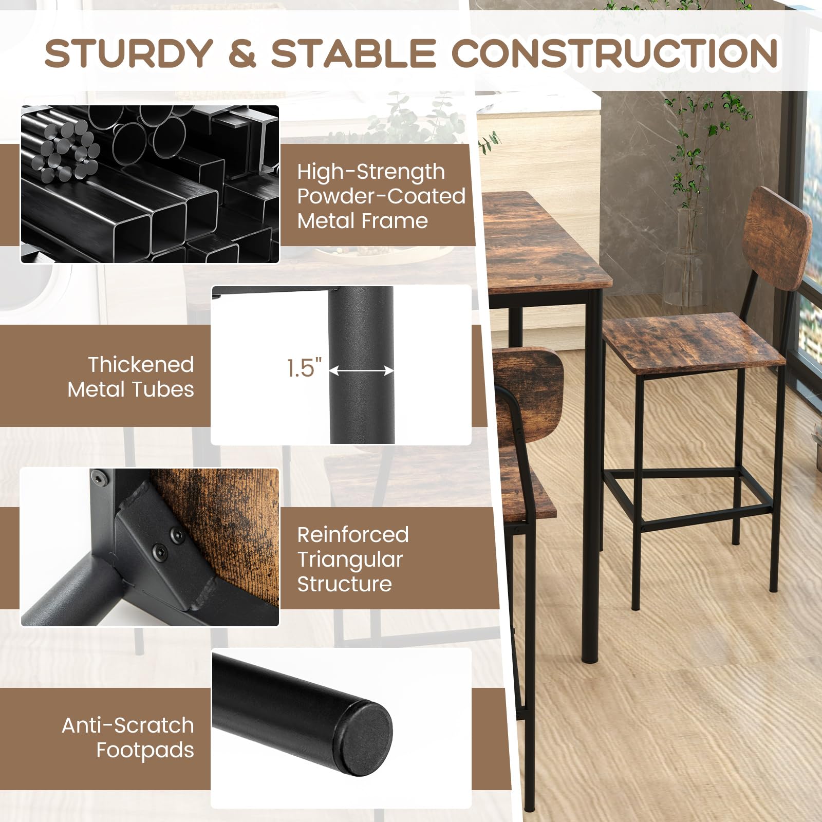 **Powerstone 5-Piece Industrial Counter Height Dining Set - Metal Frame Kitchen Table & 4 Bar Chairs for Pub, Restaurant, or Rustic Home Decor - Perfect for Small Spaces & Entertaining**