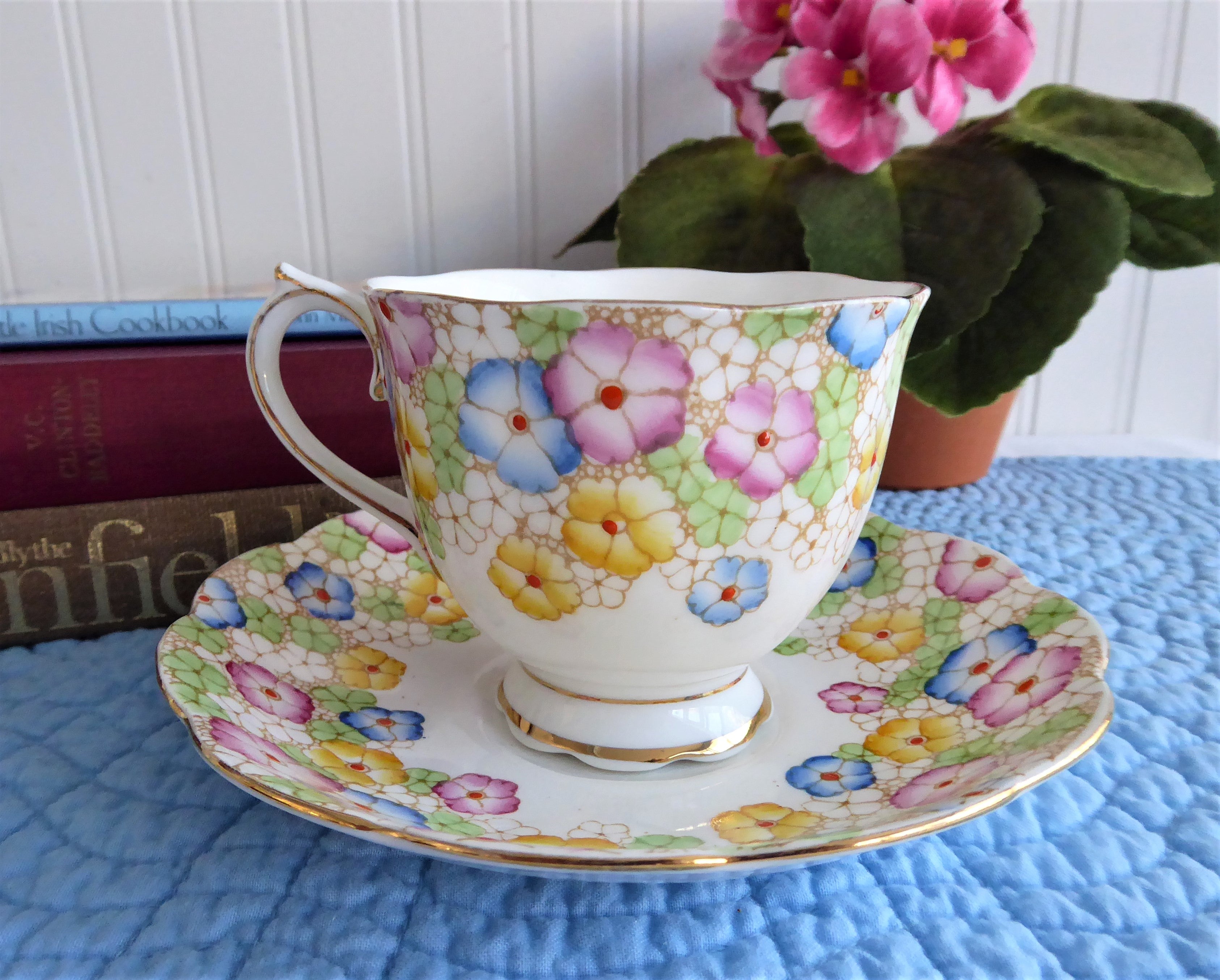Vintage Royal Albert Floral Enamel Tea Cup and Saucer Set - Hand-Painted Art Deco Design from 1930s - Perfect for Afternoon Tea, Collectibles, and Vintage Home Decor