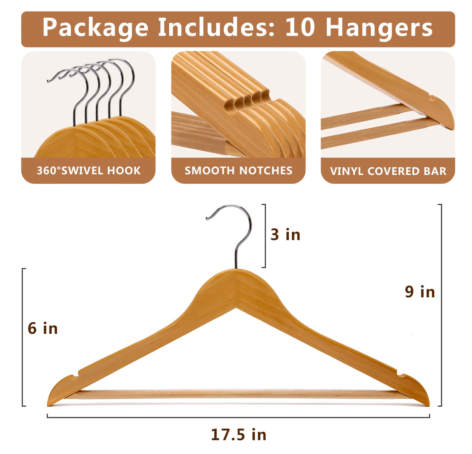 10 Pack Wooden Hangers - Non-Slip Solid Wood Coat Hangers with 360° Swivel Hook & Notches for Shirts, Suits, Jackets & Dresses | Natural Wood Finish (HL01N) | Perfect for Closet Organization & Garment Protection