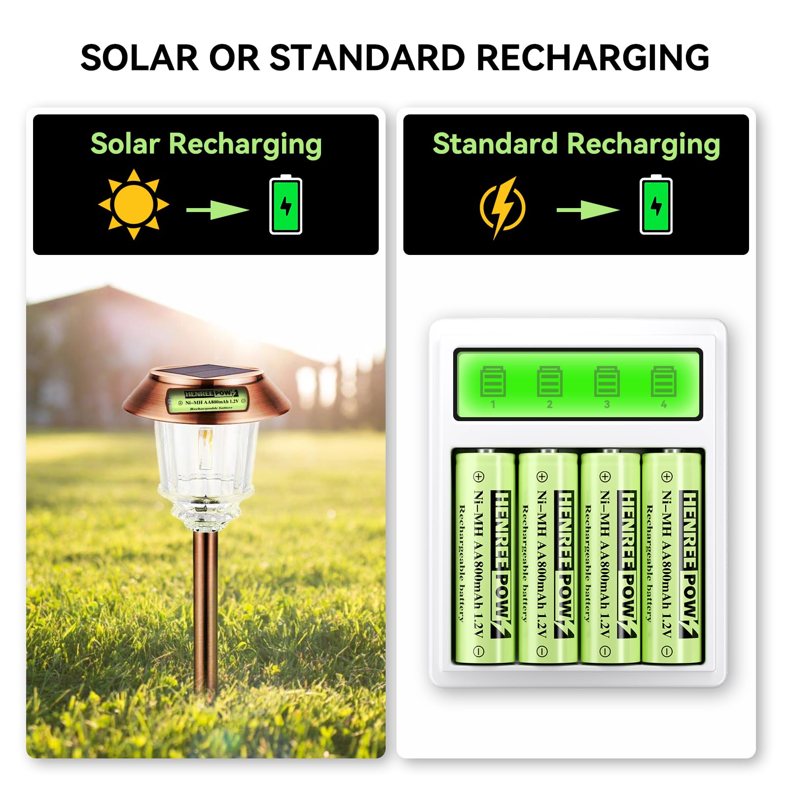 Rechargeable AA Batteries 12-Pack - 800mAh NiMH Double A Solar Batteries with Pre-Charged 1.2V for Outdoor Solar Lights, Garden Pathway Lights & String Lights | Long Lasting Power for Solar Panels, Flashlights & Emergency Kits