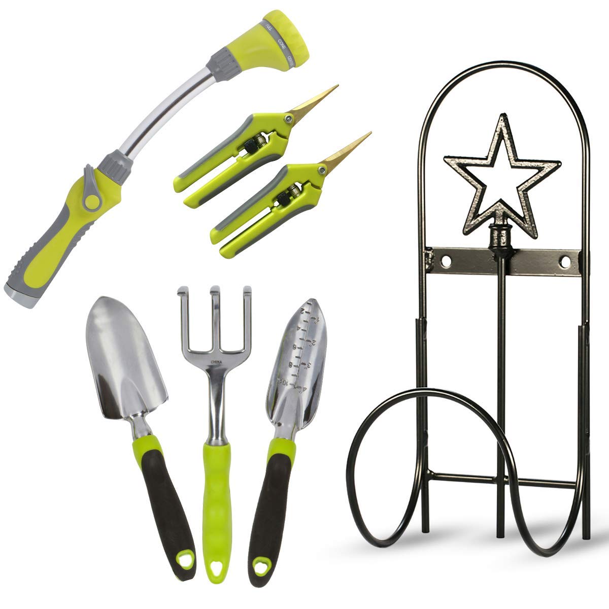 Ultimate Gardening Tool Set - Heavy Duty Wrought Iron Hose Holder, Extendable Watering Wand, 5-Piece Hand Tools & Pruning Shears | Perfect Gardening Gifts for Men & Women | Ideal for Backyard, Lawn Care & Vegetable Gardening