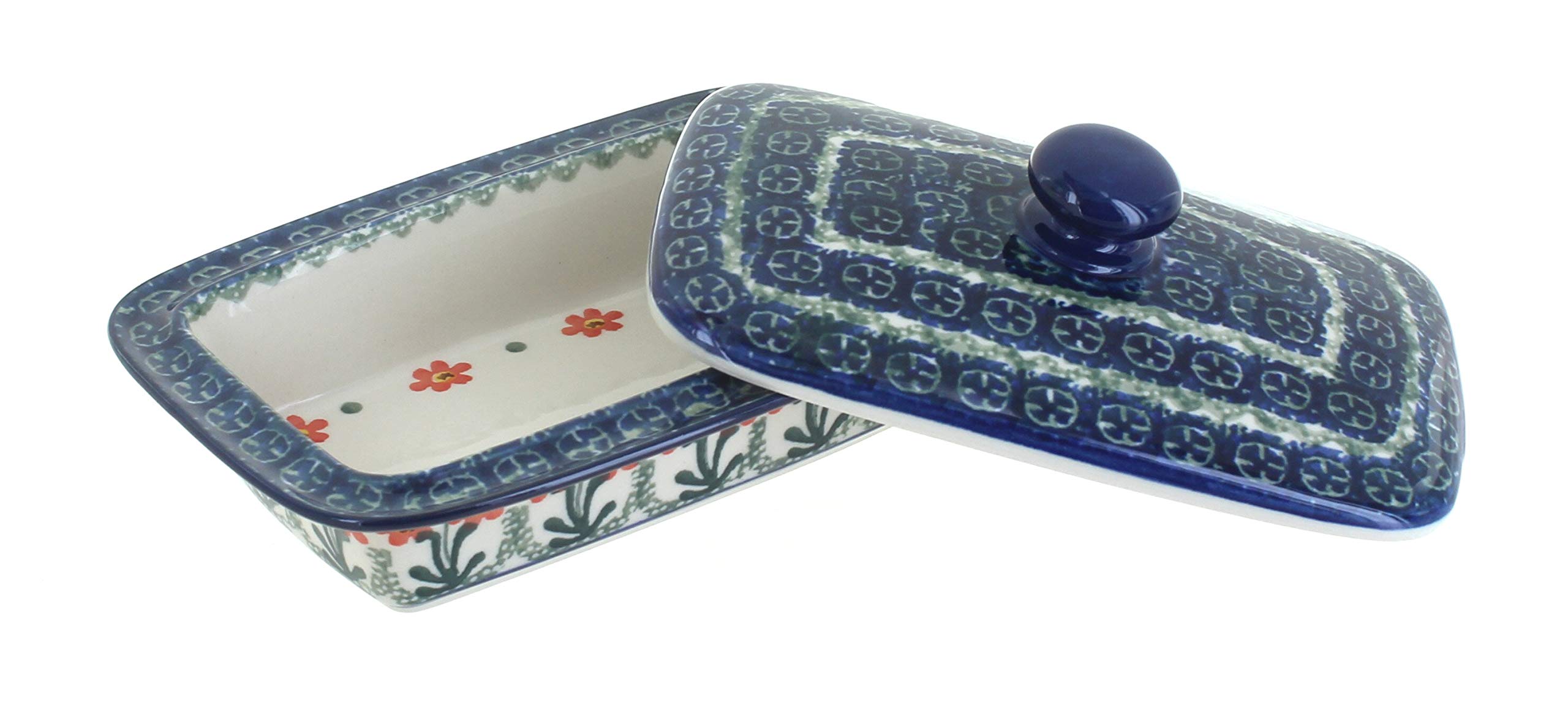 Handmade Blue Rose Polish Pottery Peach Posy Butter Dish - Vintage Floral Ceramic Butter Keeper for Kitchen, Dining Table & Gift Giving