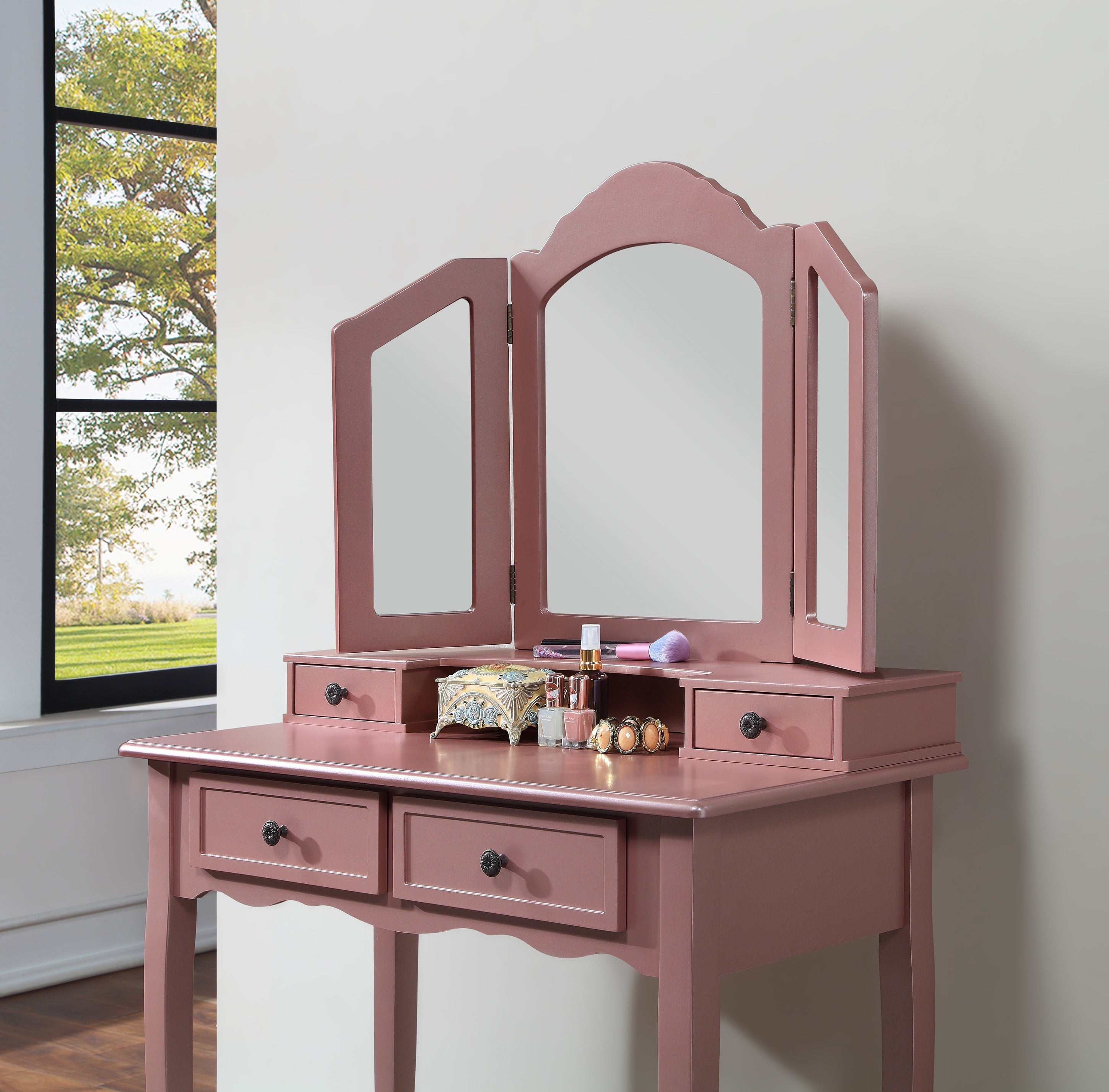Roundhill Furniture Sanlo Wooden Vanity Makeup Table with Stool Set - Rose Gold Finish, Elegant Dressing Table for Bedroom, Perfect for Makeup & Jewelry Organization