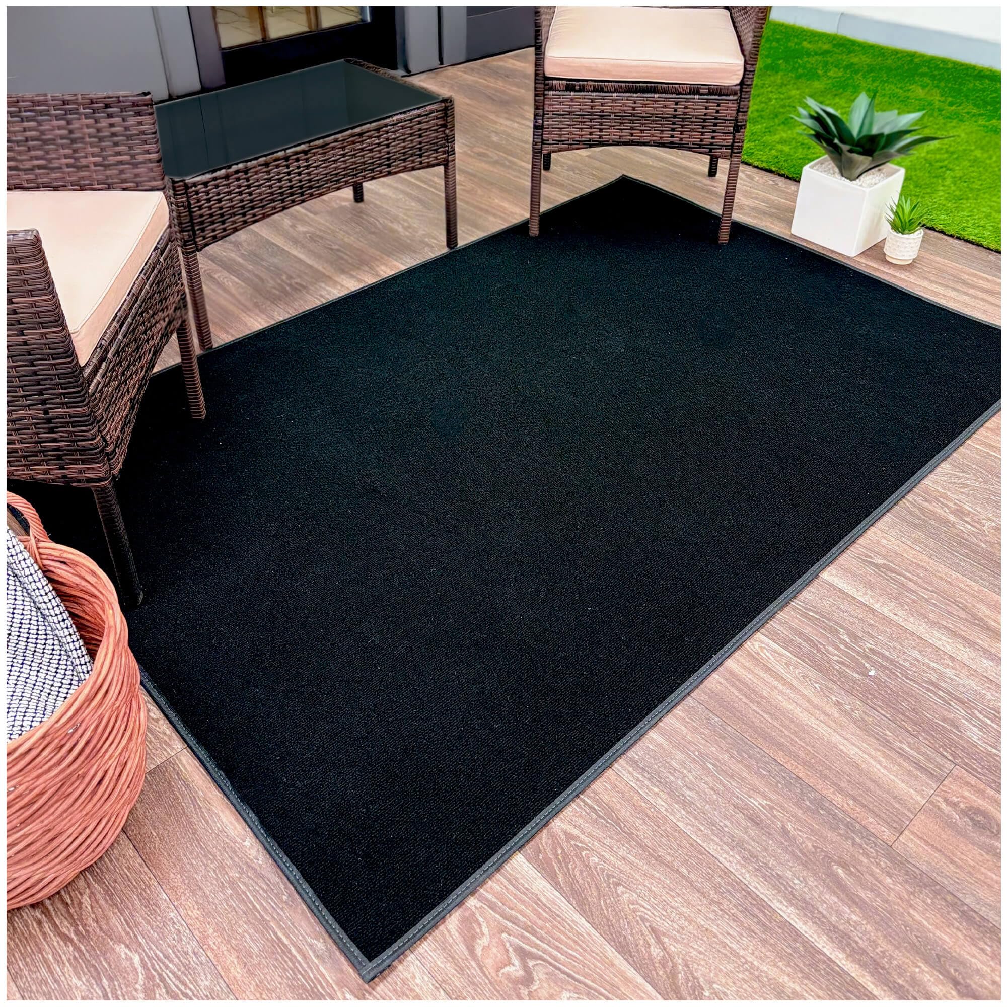 KOECKRITZ Ultra-Thin Outdoor Rug - Lightweight, Quick-Dry Indoor/Outdoor Carpet for Patios, Decks, Pools, Boats & Events (7' x 12', Black) - Perfect for Summer BBQs, Beach Days & Poolside Lounging