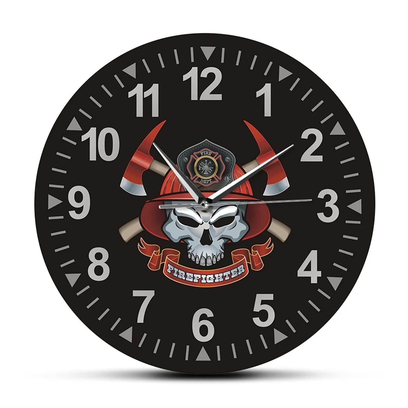 Firefighter Skull Wall Clock with Crossed Axes - Silent Non-Ticking Fire Department Decor - Maltese Cross Firemen Theme Clock for Home, Office, or Fire Station
