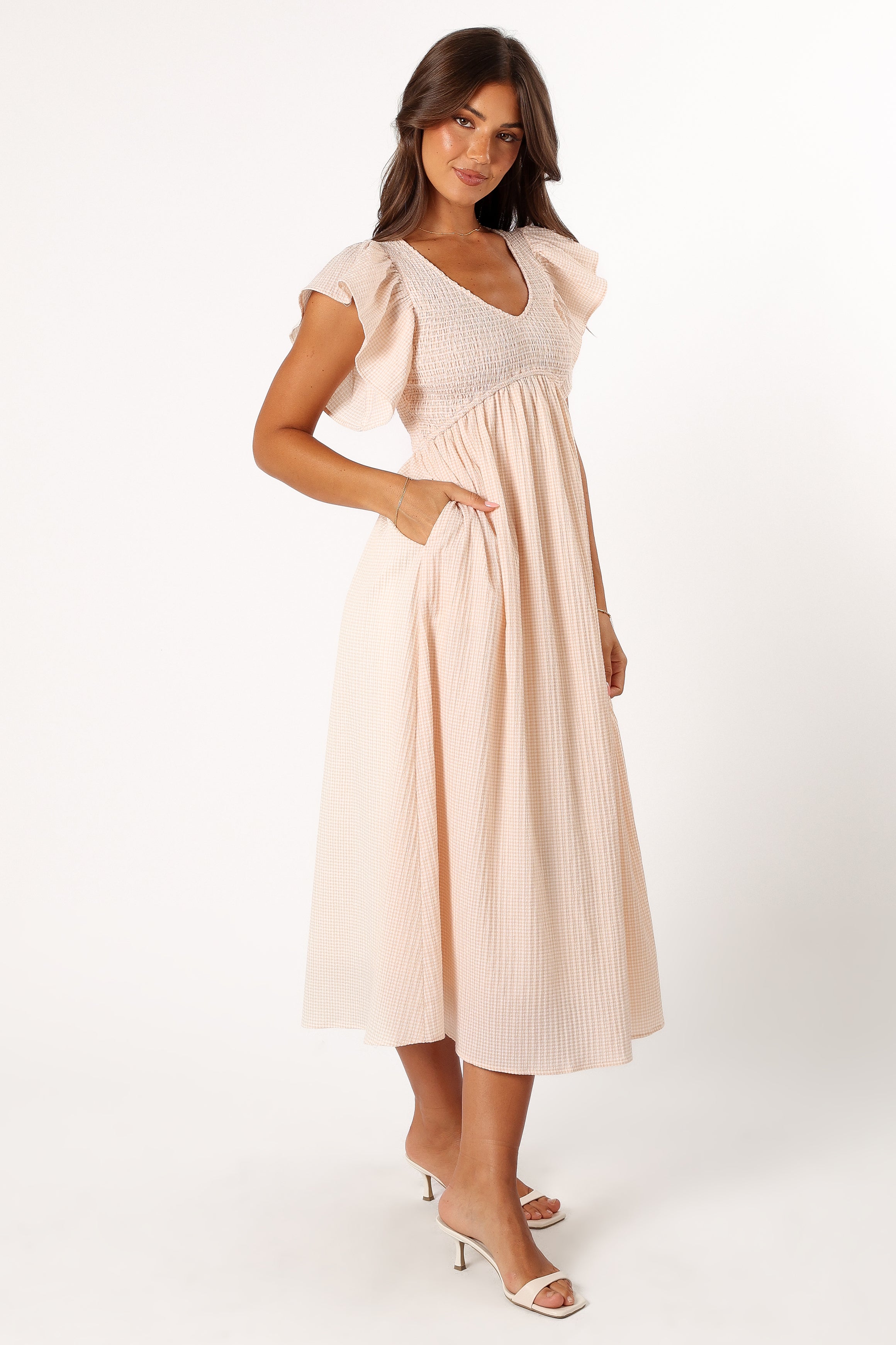 Farley Flutter Sleeve Midi Dress - Tan Gingham Checkered Summer Dress for Women | Casual Daytime Wear, Beach Cover Up, Brunch Outfit, Wedding Guest Dress