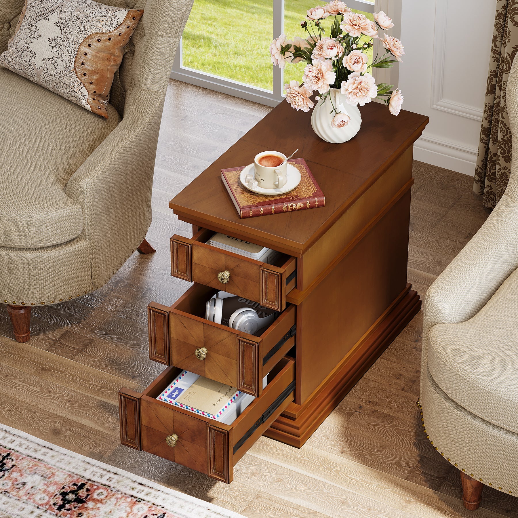 Modern Wooden End Table with 3 Drawers - Nightstand, Sofa Side Table for Living Room, Bedroom - Perfect for Small Spaces & Home Decor