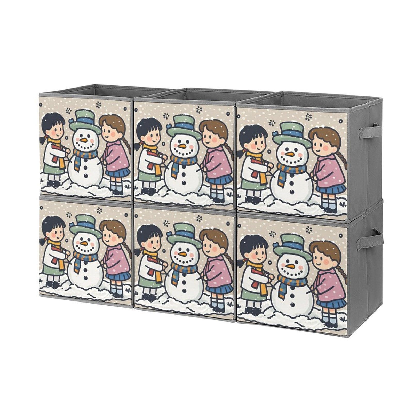 6-Piece Foldable Storage Bins with Handles - Large Capacity Snowman Printed Organizer Boxes for Playroom, Office & Home Organization | Perfect for Toys, Books & Seasonal Decor Storage