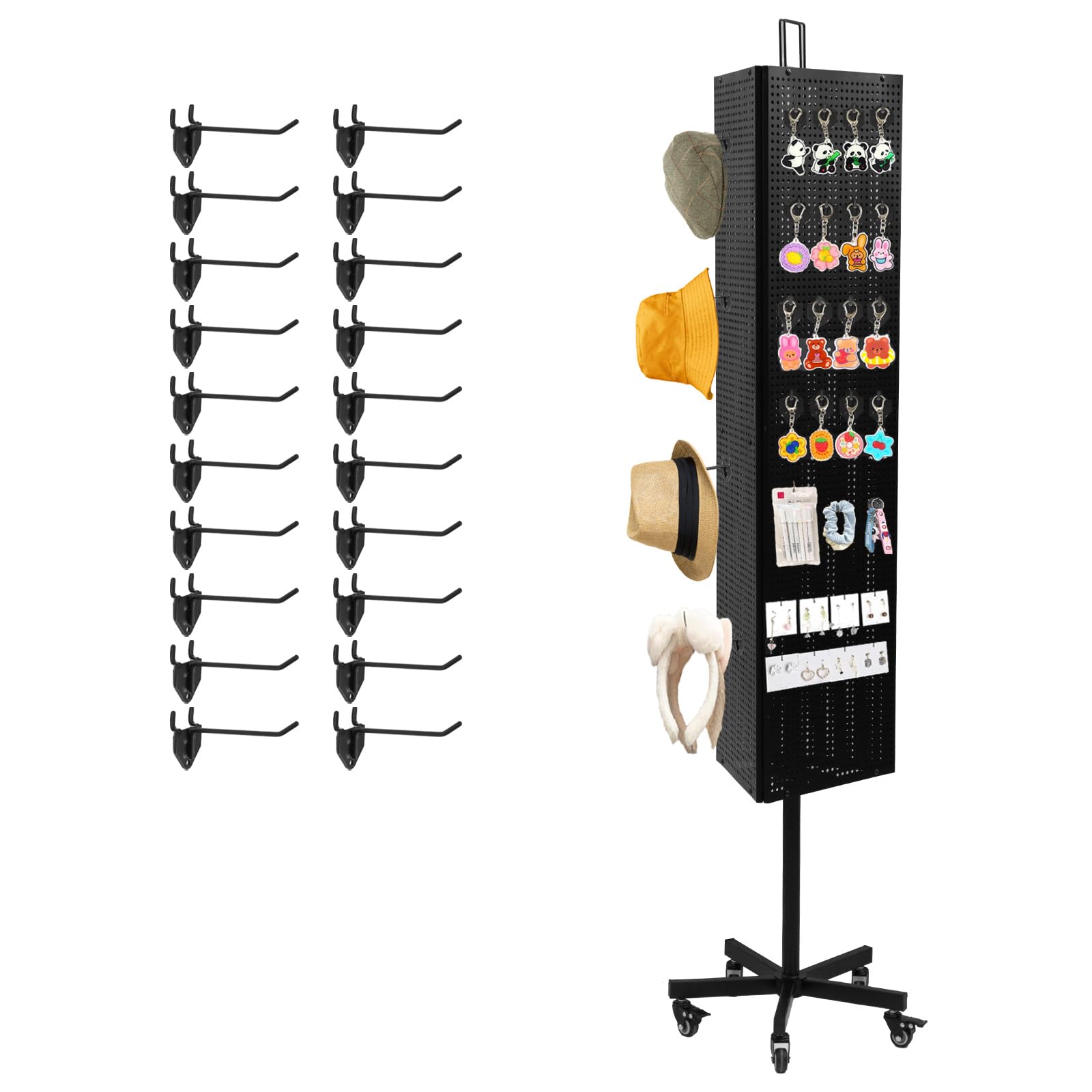 Triangular Metal Pegboard Display Stand with Base & Pole - Black Jewelry & Art Display Rack with Wheels & 20 Hooks - Perfect for Retail Stores, Craft Shows & Boutique Displays