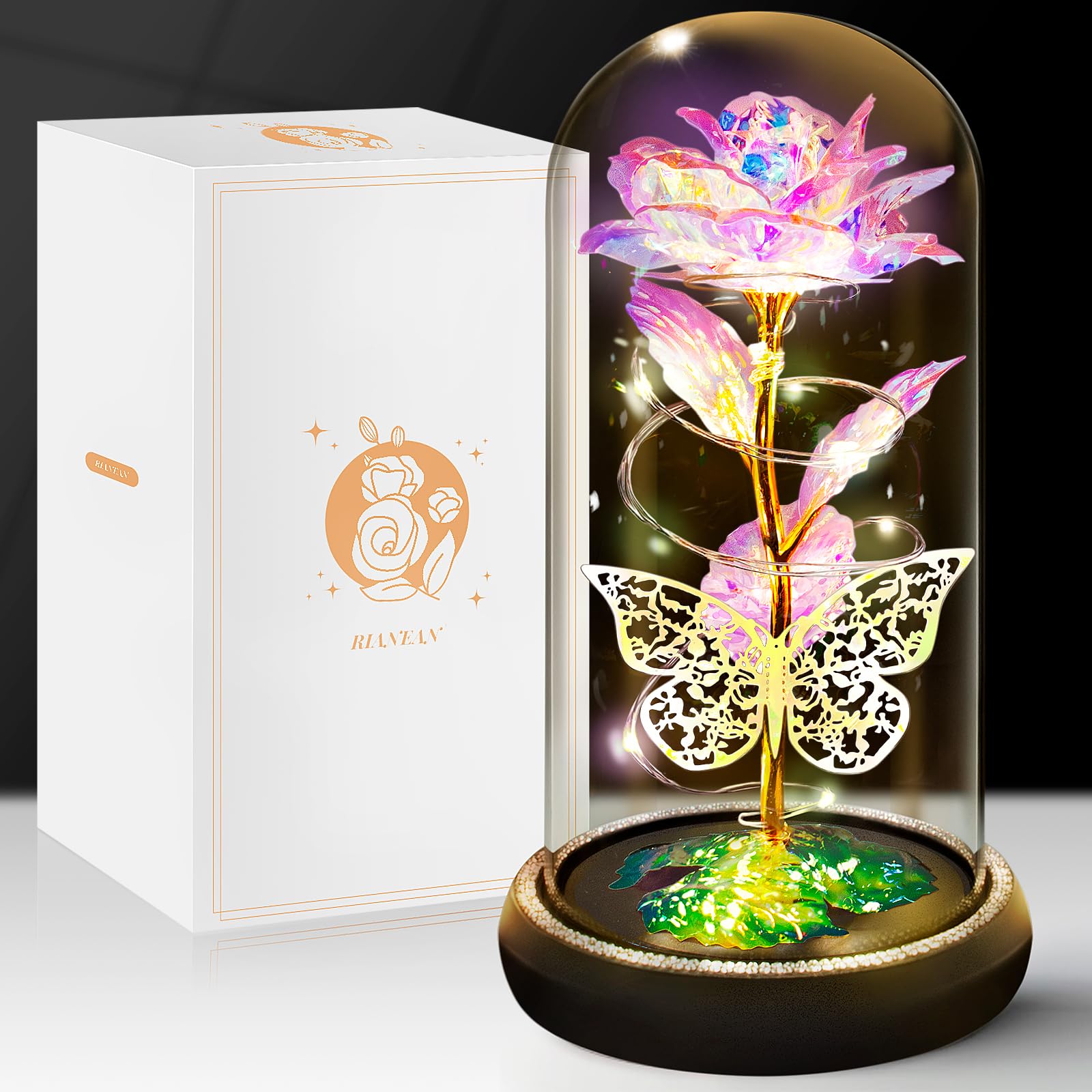 Eternal Rose in Glass Dome - Butterfly Rose Light Up Preserved Flower Gift for Women, Wife, Mom, Girlfriend | Birthday, Anniversary, Valentine's Day Present (Yellow) | Perfect for Home Decor, Bedroom Centerpiece, Romantic Surprise Gift