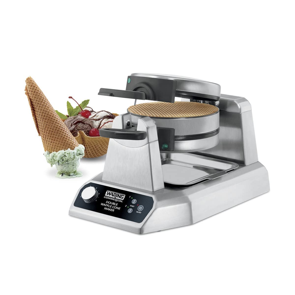 Waring Commercial Double Waffle Cone Maker - Heavy Duty Die Cast Non-Stick Waffle Cone Machine (120 Cones/Hour, 1400W, 120V) - Perfect for Ice Cream Shops, Dessert Bars & Catering Businesses - 18x12x11.25 Inch Silver Countertop Appliance