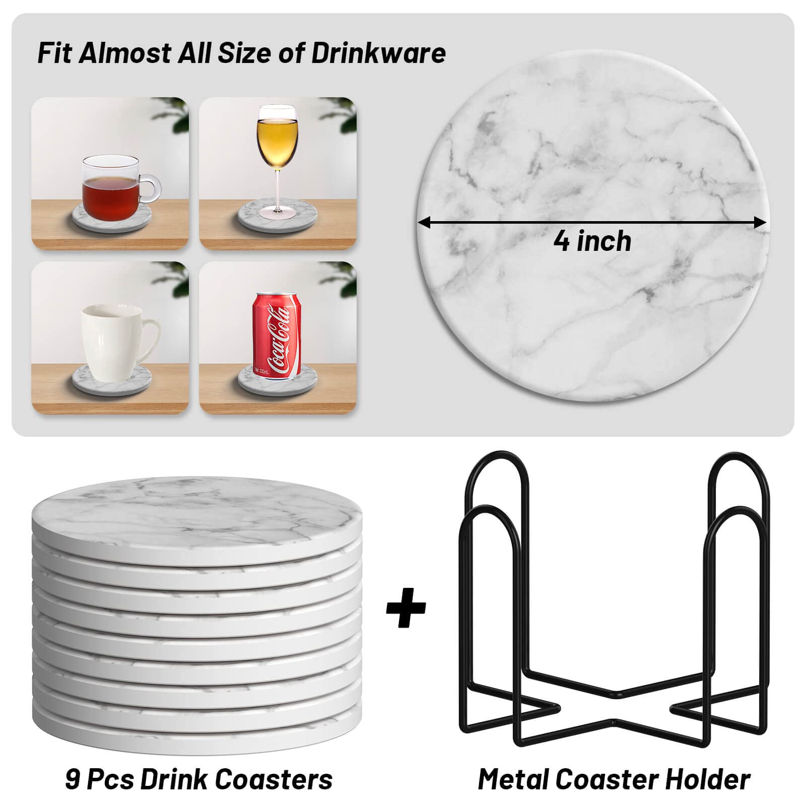 Billbotk 9-Piece Marble Style Ceramic Coaster Set with Holder - Absorbent Drink Coasters for Coffee Table, Wooden Table - 4 Inch Round Coasters for Coffee Mugs, Wine Glasses, Beverage Cups - Perfect for Home, Office, Party Use