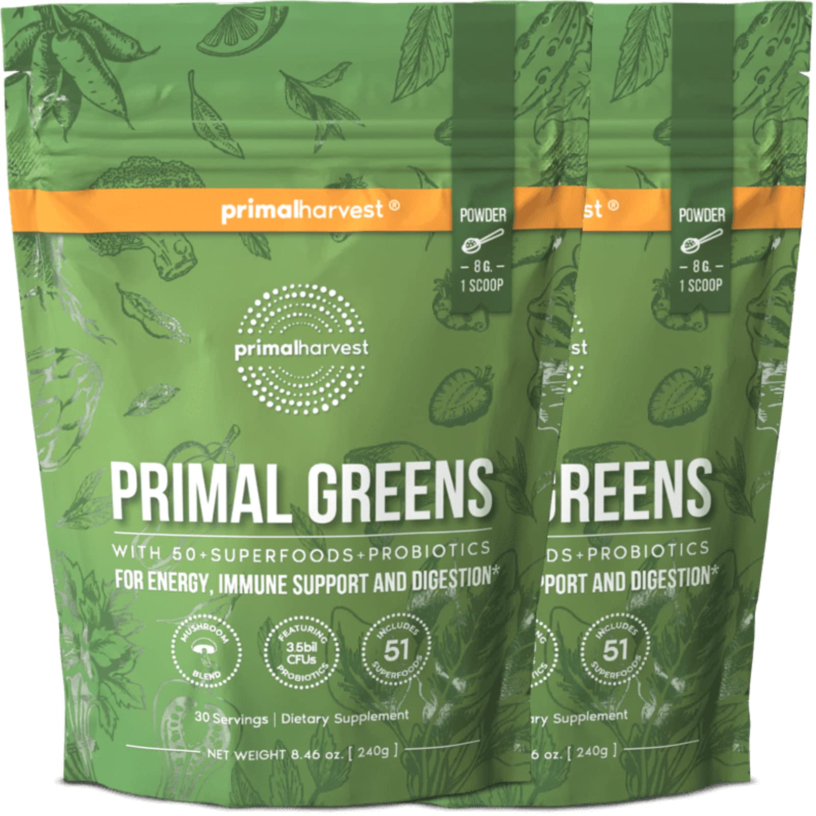 2 Pack Super Greens Powder - 50+ Superfoods with Chlorella, Probiotics, Green Tea, Wheatgrass, Kale & Turmeric | 30 Servings for Energy & Immunity Boost | Perfect for Smoothies, Juices & Daily Wellness Routine