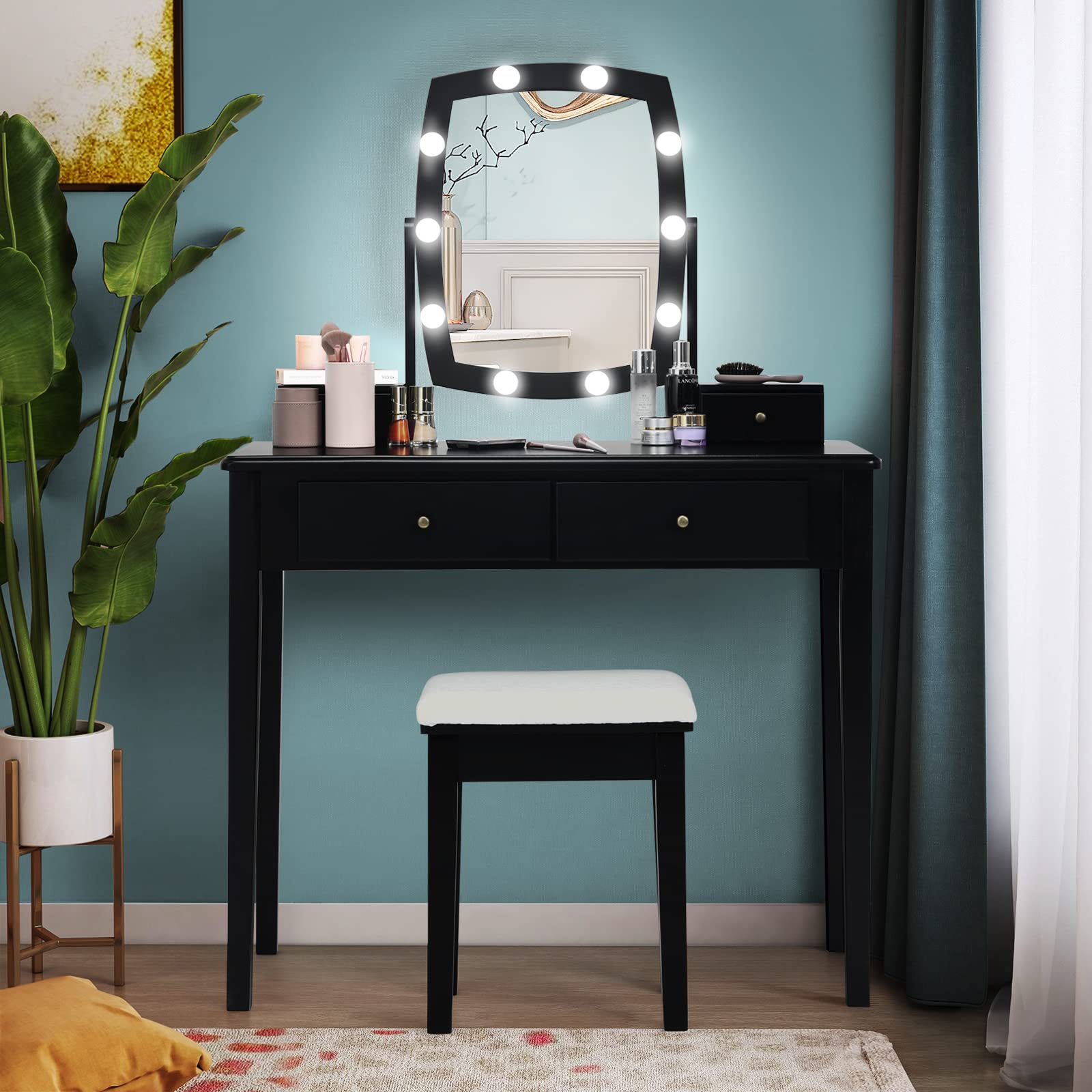 Charmaid Girls Makeup Vanity Desk with LED Mirror Lights - 10 Bulbs, 3 Lighting Modes, 4 Storage Drawers & Stool - Modern Dressing Table for Bedroom, Teen Room & Beauty Salon (Black)