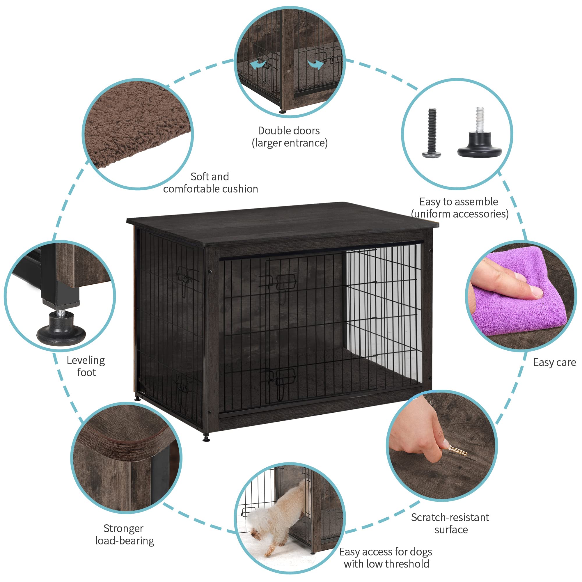 DWANTON Wooden Dog Crate Furniture with Removable Cushion - Large 38.5