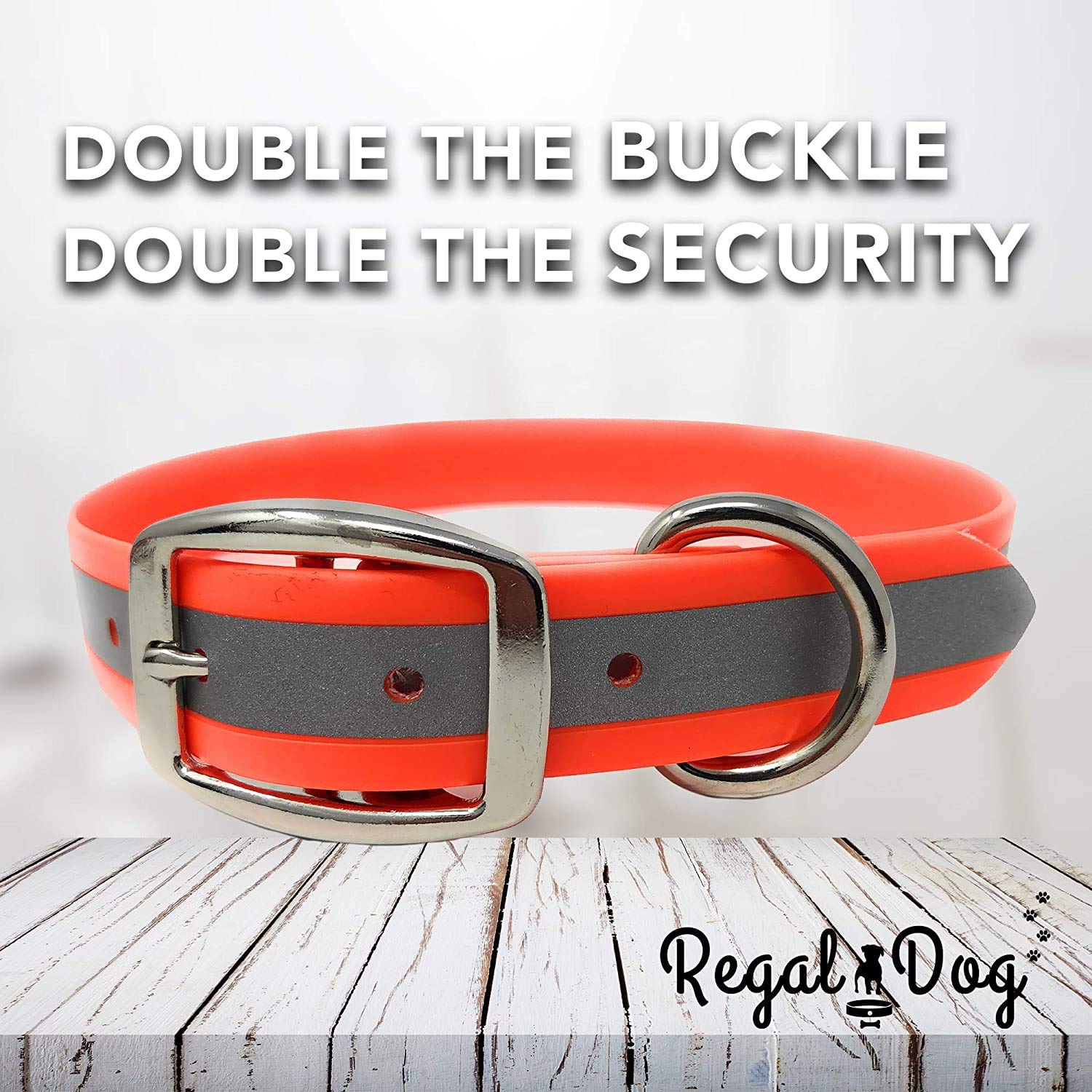 Regal Dog Products Heavy Duty Reflective Dog Collar - Large Orange Adjustable Collar with Durable Metal Buckle & D-Ring | Chew Proof & Waterproof Design for Small, Medium & Large Dogs | Perfect for Night Walks, Hiking & Outdoor Adventures