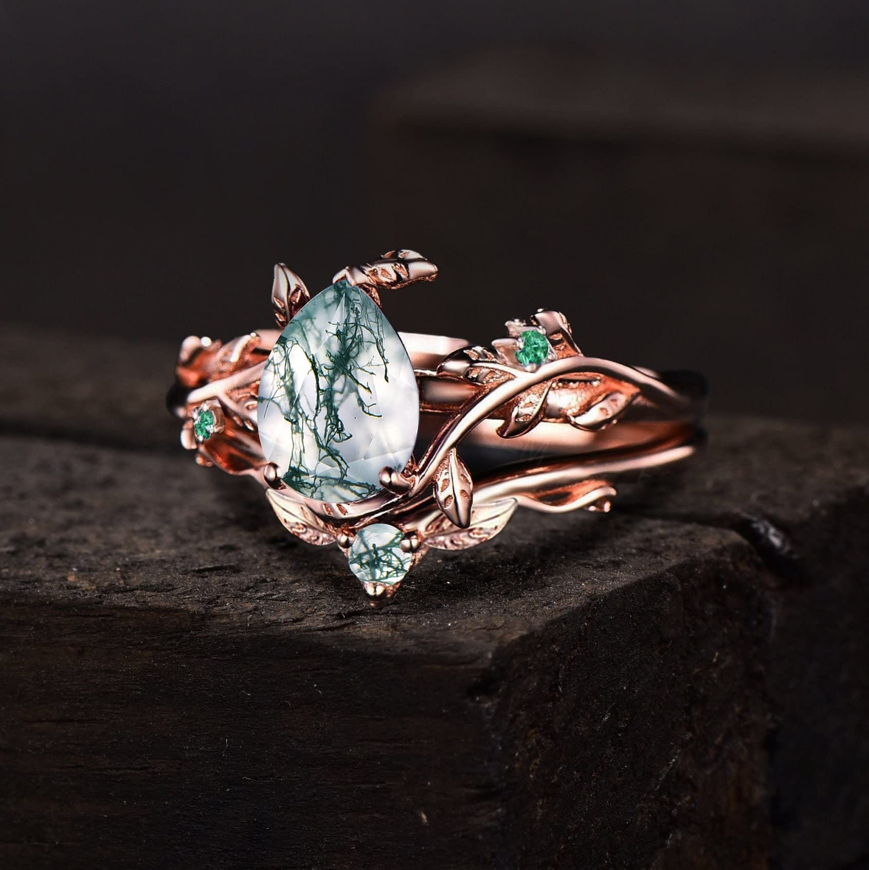 Natural Green Moss Agate Bridal Ring Set - 1.25ct Rose Gold Vintage Branch Design with Pear Moss Agate & Leaf Twig Vine | Unique Emerald Wedding Band for Women | Perfect Anniversary Gift with Gift Box | Ideal for Boho Weddings, Nature-Inspired Jewelry Lovers & Special Occasions