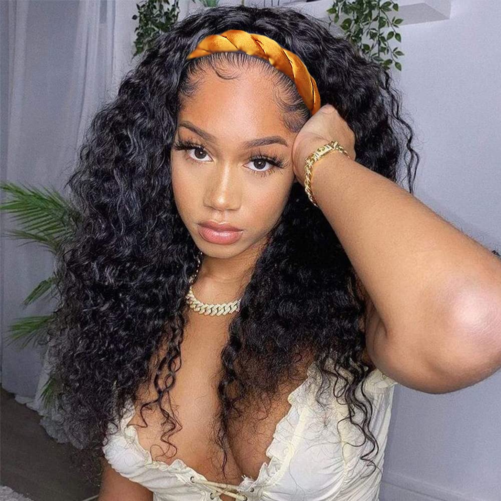 Headband Wig Curly Human Hair Wig - 180% Density Deep Wave Headband Wigs for Women | No Lace Front | Machine Made | Natural Color (14 Inch) | Perfect for Beginners, Daily Wear & Special Occasions