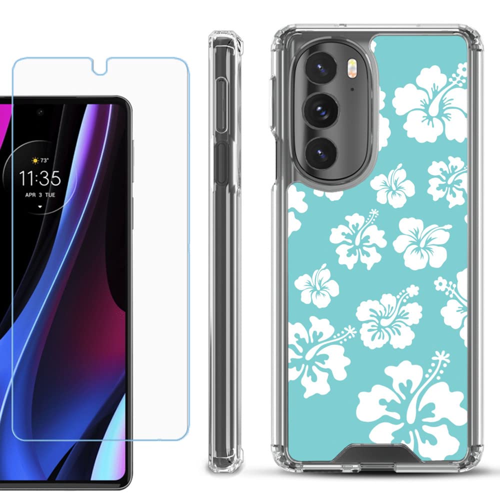 Shockproof Bumper Case for Motorola Moto Edge+ 5G UW - Hibiscus Teal with Screen Protector | Durable Protection for Outdoor Use