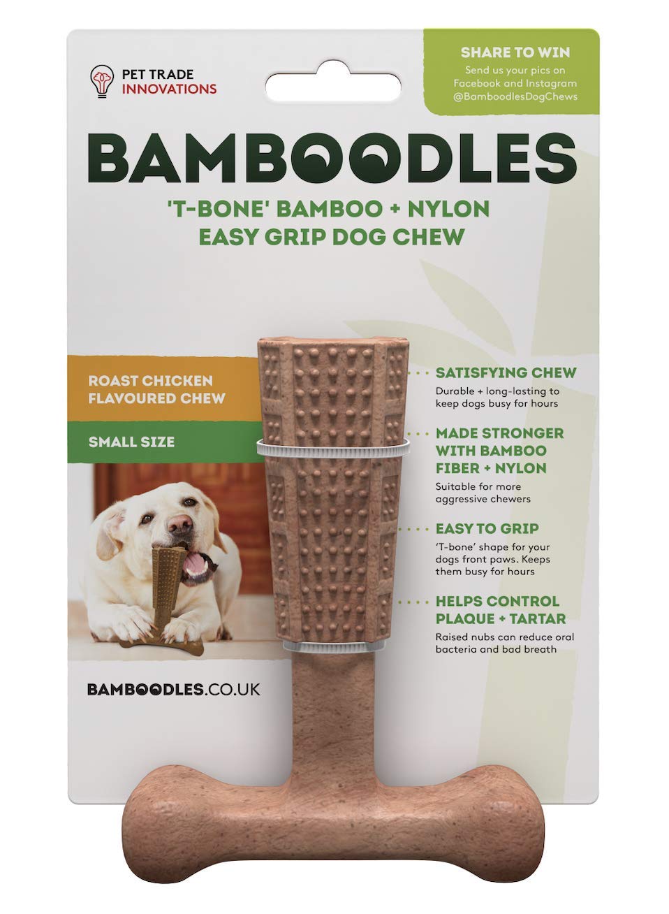 Bamboodles T-Bone Dog Chew - Natural Long-Lasting Dental Treat for Aggressive Chewers - Small Chicken Flavor - Perfect for Teething Puppies & Strong Chewers - Promotes Dental Health & Reduces Anxiety