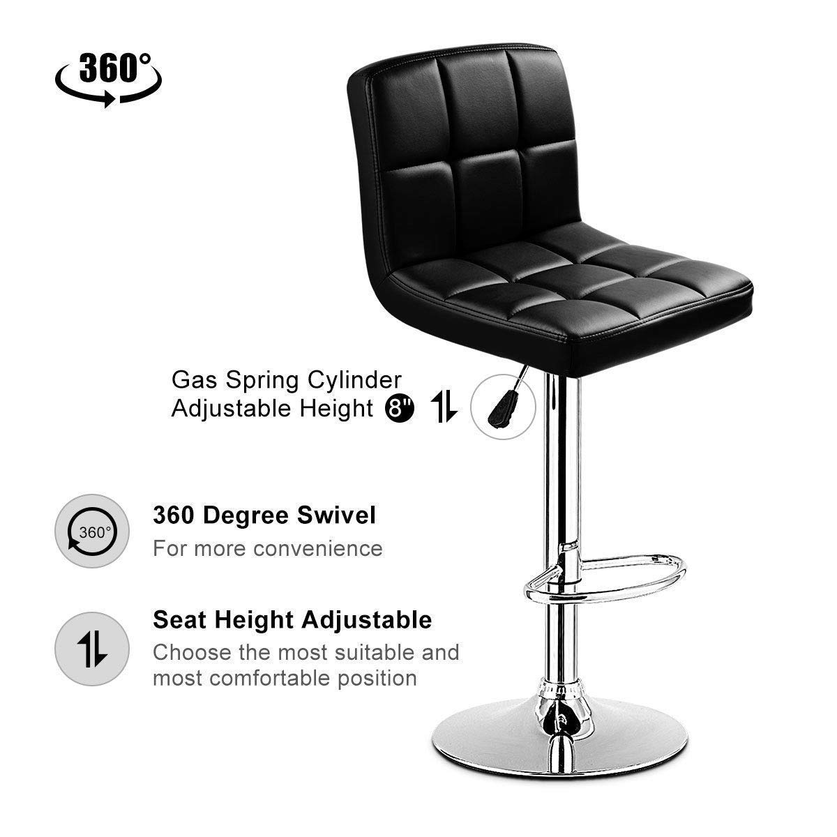 Adjustable PU Leather Swivel Bar Stool - Counter Height Bistro Pub Chair with 360° Rotation - Perfect for Kitchen Island, Home Bar & Restaurant Use (Black)