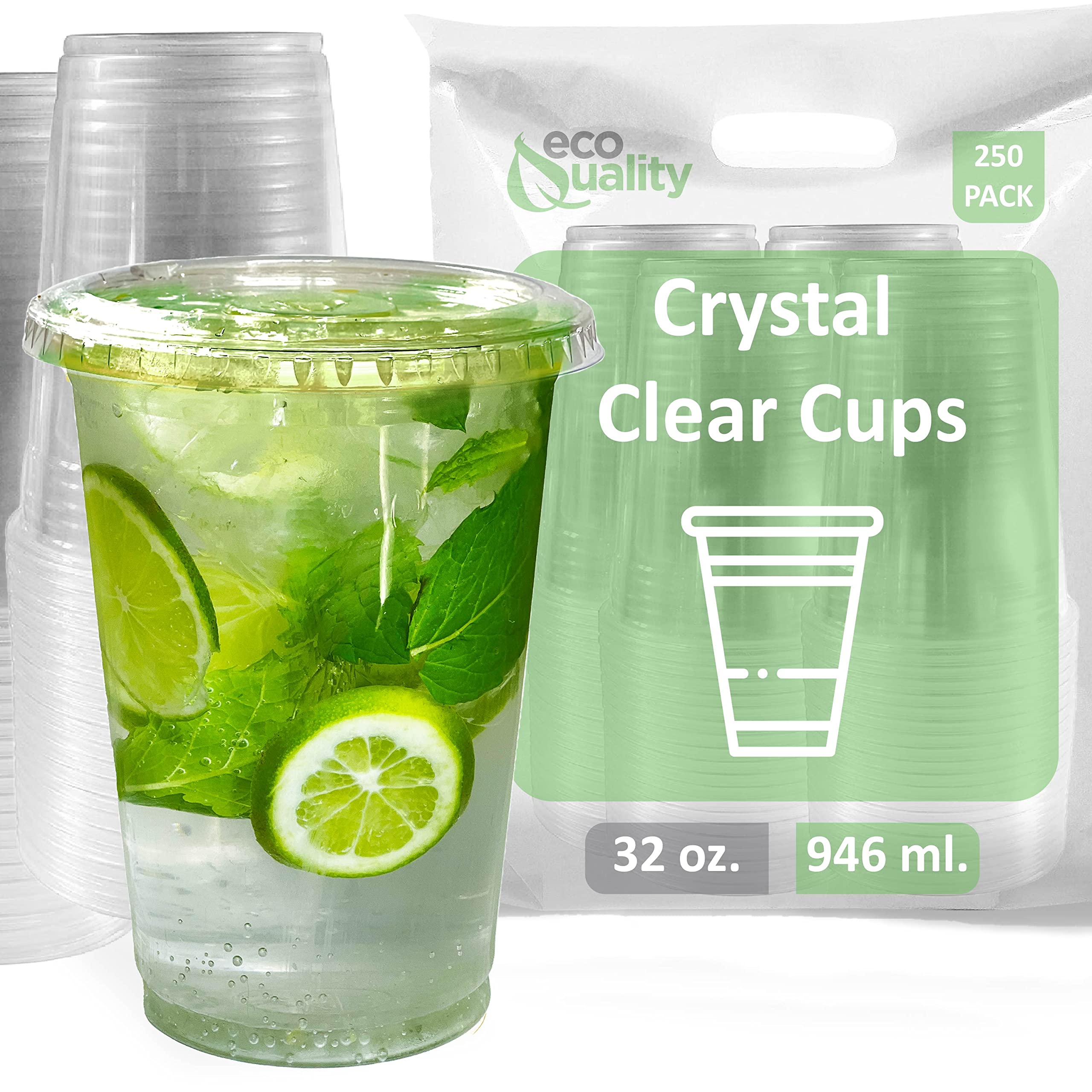 32 oz Clear Plastic Cups with Lids (250 Pack) - Disposable Iced Coffee Cups, Smoothie Cups & Cold Drink Containers - Perfect for Coffee Shops, Juice Bars, Parties, Meal Prep & Pet Food Storage