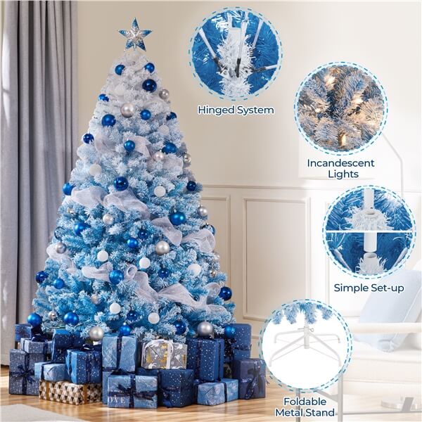 6Ft Pre-Lit Flocked Artificial Christmas Tree with 250 Warm White LED Lights - Perfect for Home, Office, and Holiday Decorations