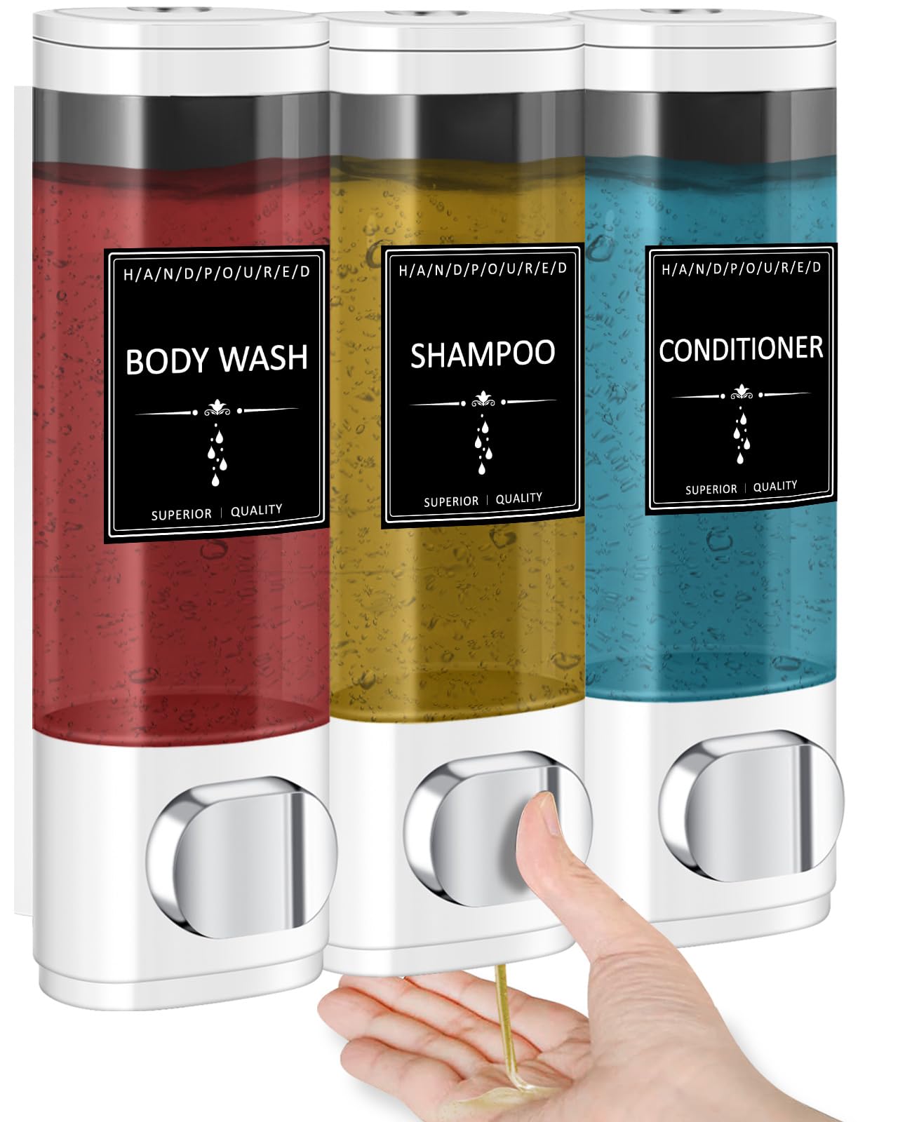 3-Chamber No-Drill Shower Dispenser for Shampoo, Conditioner & Body Wash - Wall Mounted (3 × 10.15oz) - Perfect for Bathroom Organization & Space Saving - White