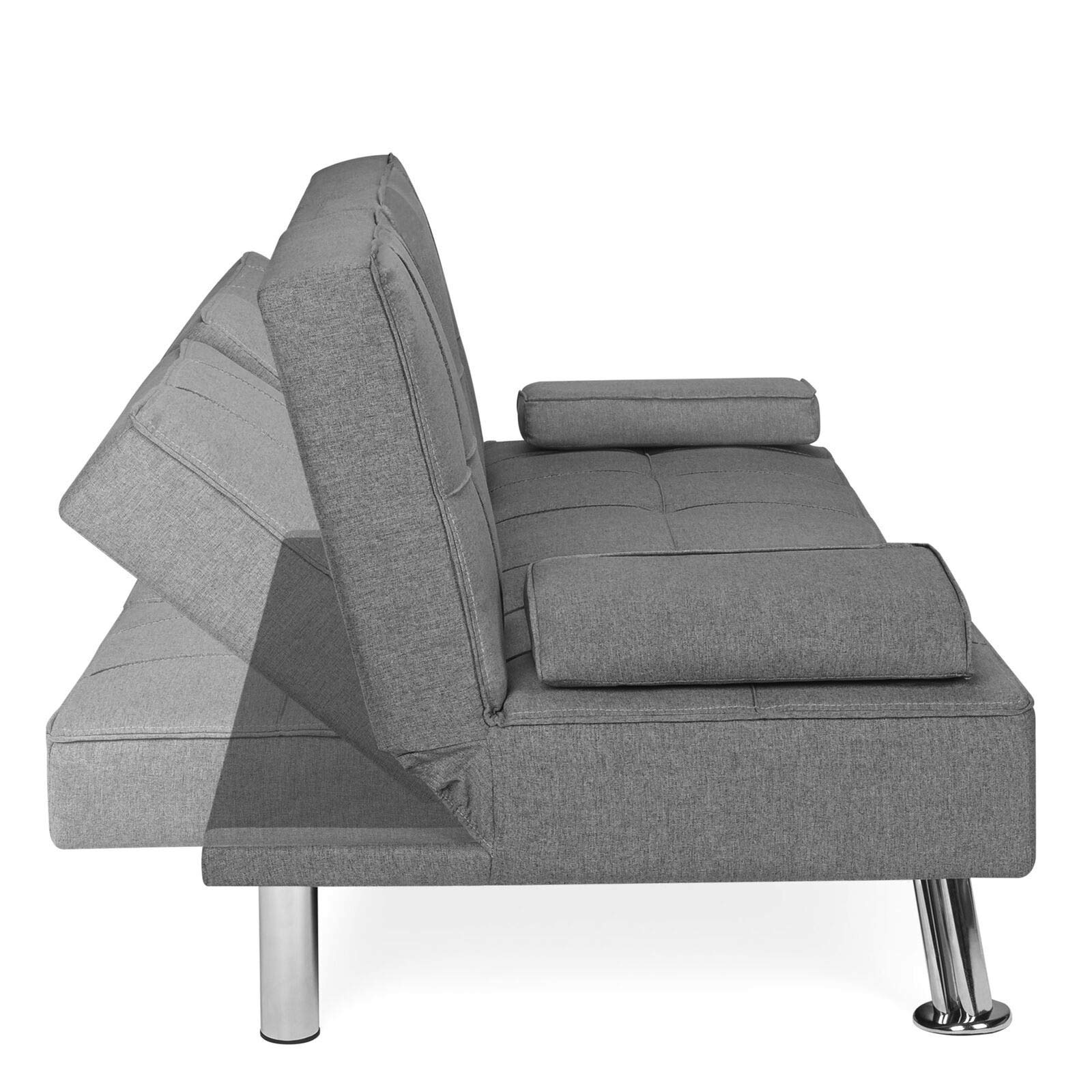 Grey Linen Convertible Futon Sofa Bed with Cup Holder - Recliner Lounger Sleeper for Living Room, Bedroom & Small Spaces | Space-Saving Modern Furniture for Apartments & Studios | Multi-Functional Home Décor for Relaxing & Hosting Guests