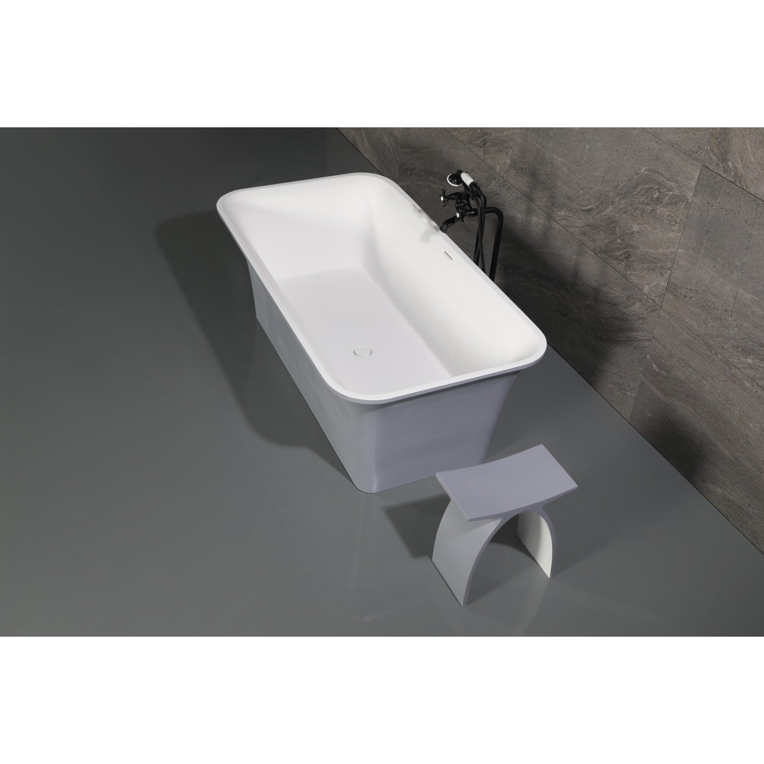 Arcticstone 67 Inch Freestanding Bathtub - Matte White/Gray Double Ended Rectangular Soaking Tub with Drain | Solid Surface Modern Design for Spa-Like Relaxation in Master Bathroom
